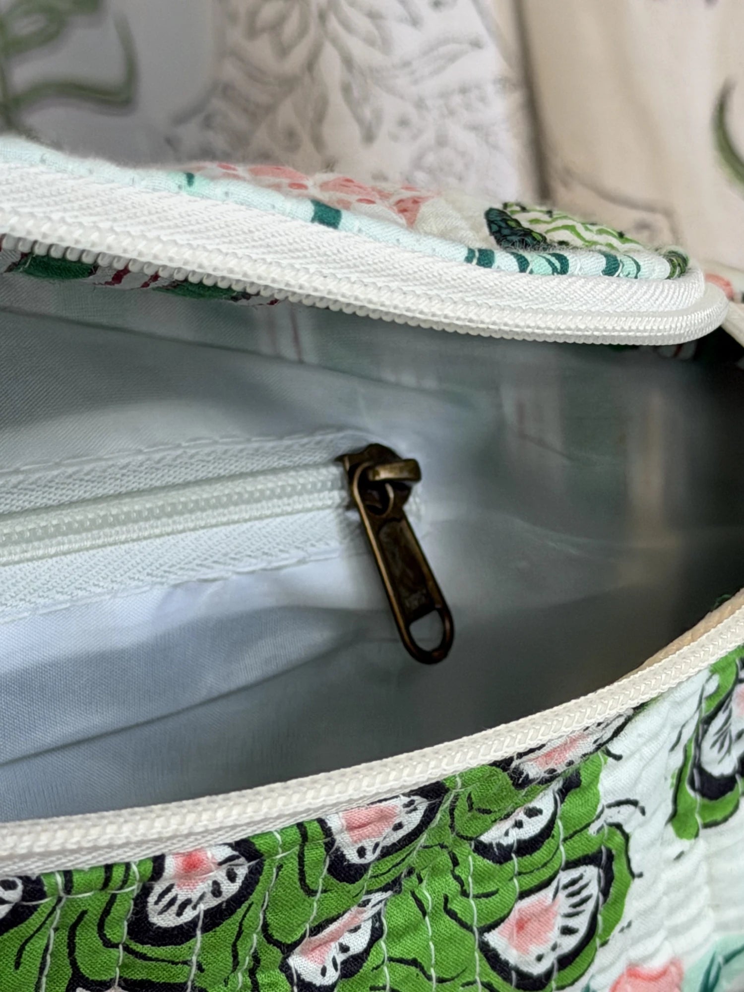 Jaipur Block Print Cotton Quilted Fanny Bag / Waist Bag in green and pink peacock print interior view