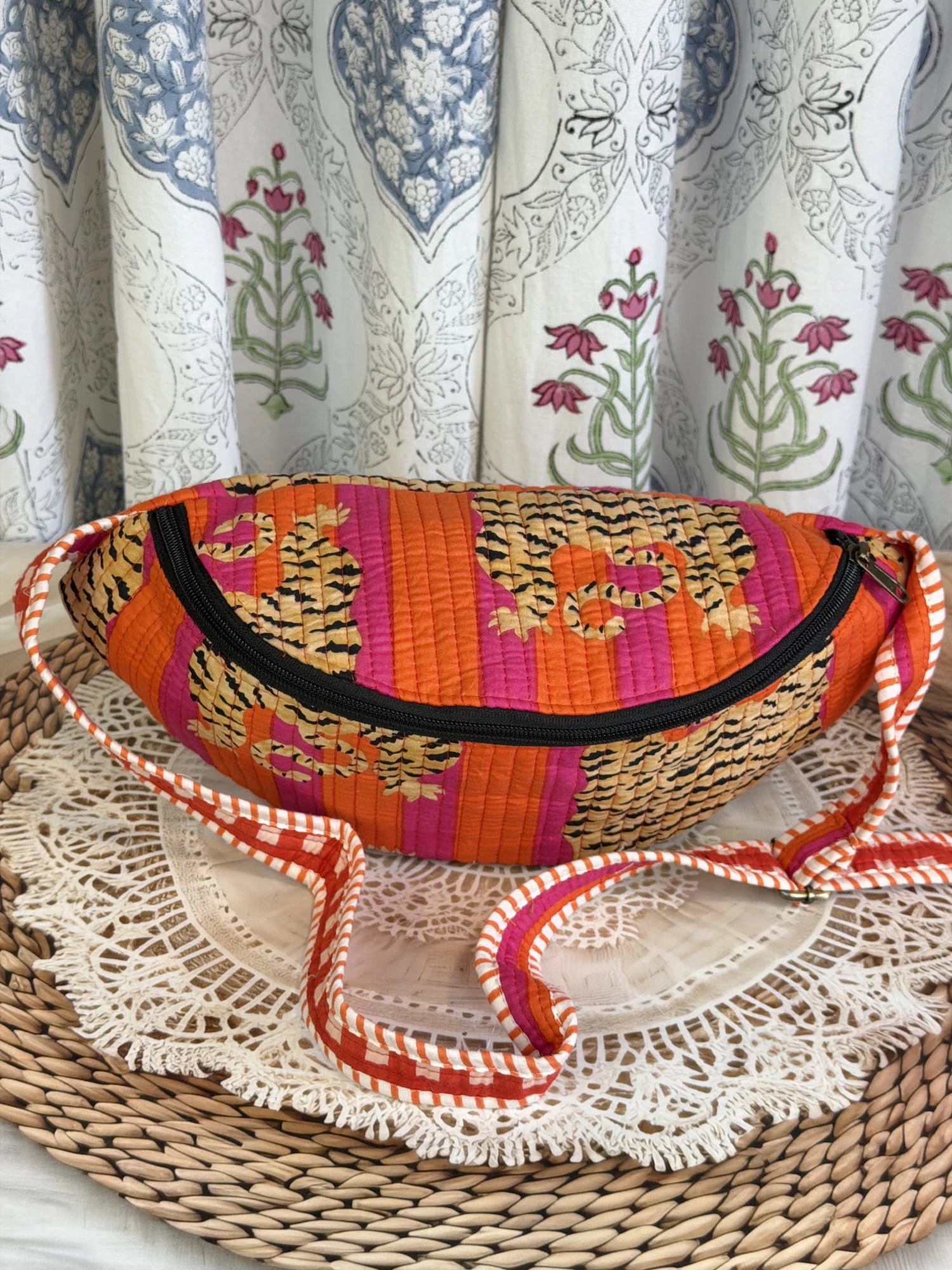 Jaipur Block Print Cotton Quilted Fanny Bag / Waist Bag in orange and pink tiger print front view