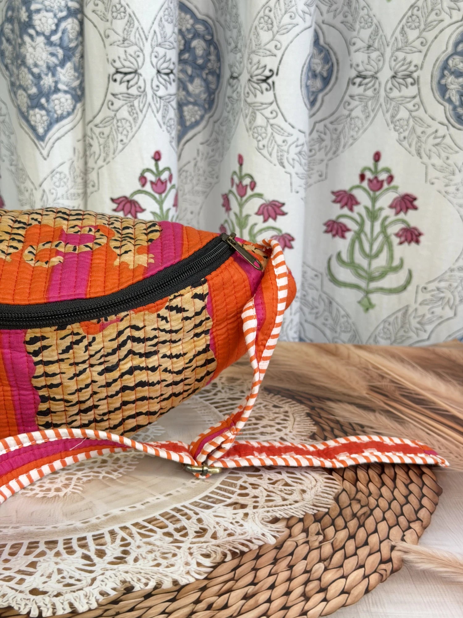 Jaipur Block Print Cotton Quilted Fanny Bag / Waist Bag in orange and pink tiger print side view