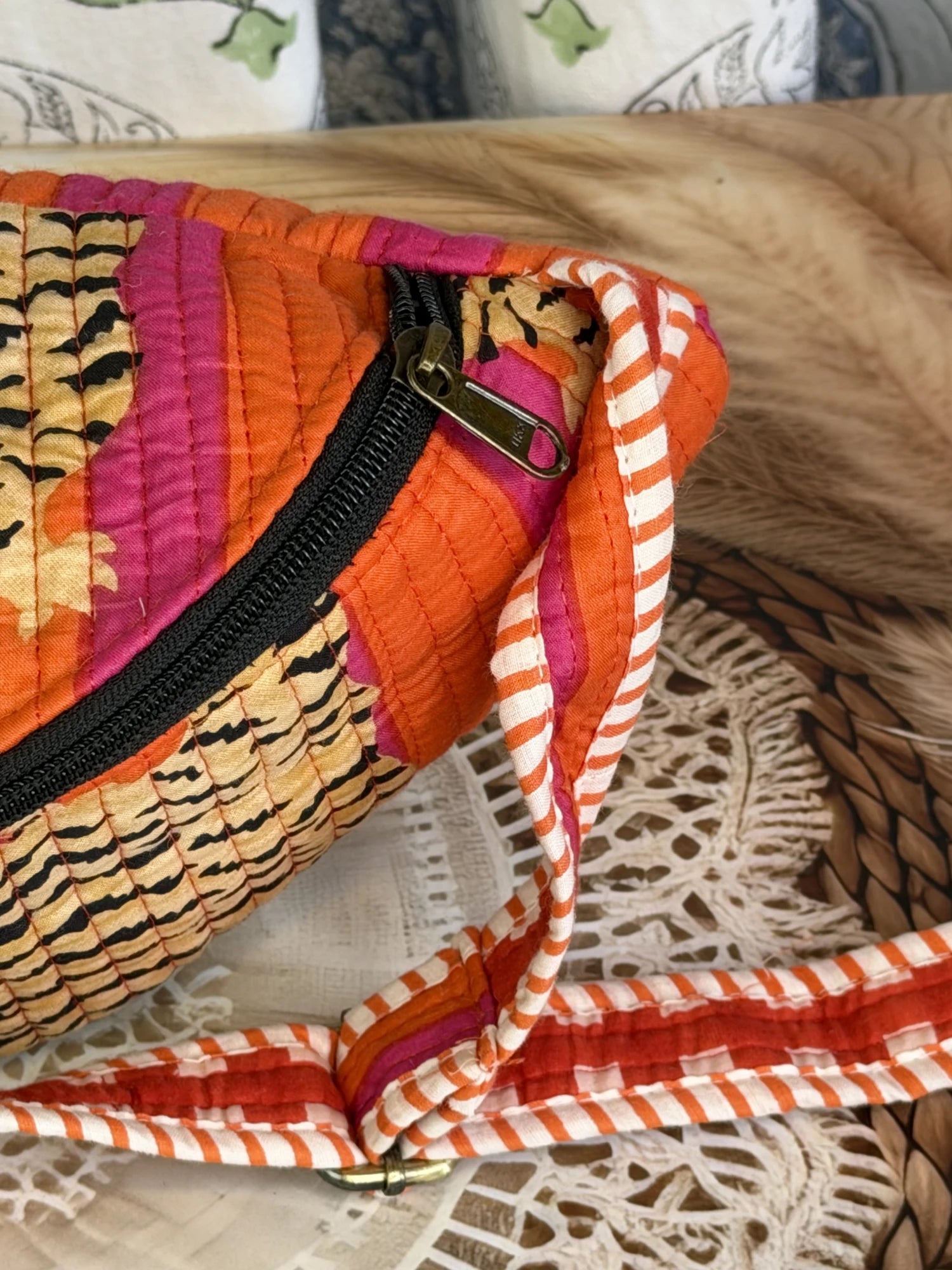 Jaipur Block Print Cotton Quilted Fanny Bag / Waist Bag in orange and pink tiger print back view
