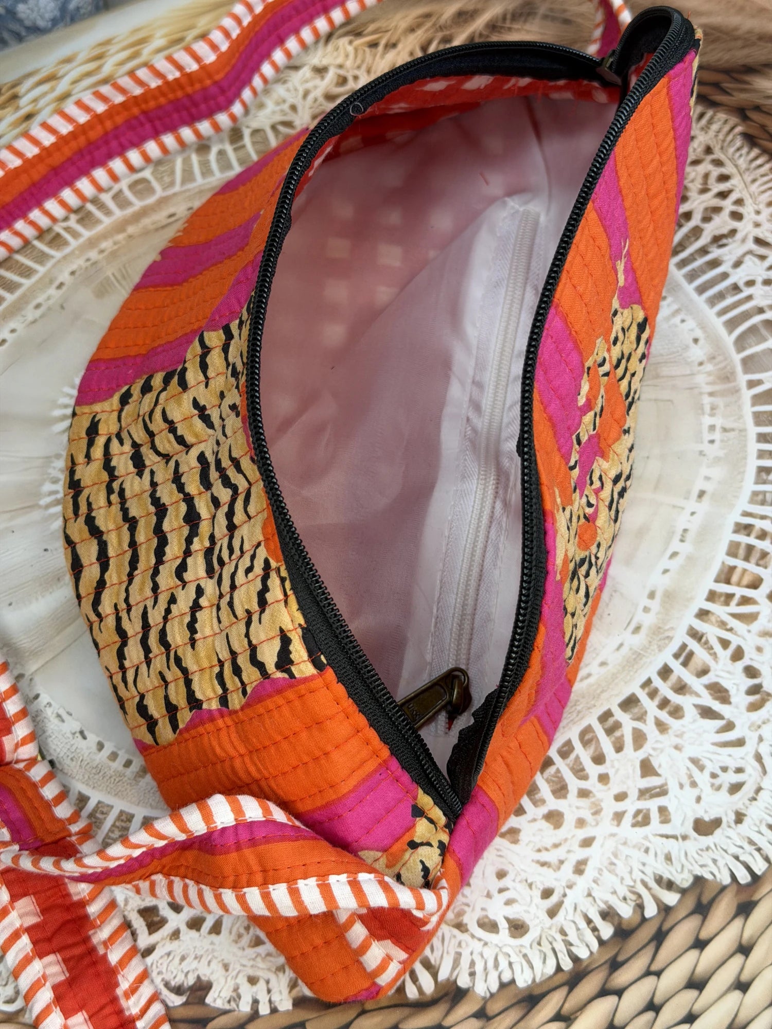 Jaipur Block Print Cotton Quilted Fanny Bag / Waist Bag in orange and pink tiger print interior view