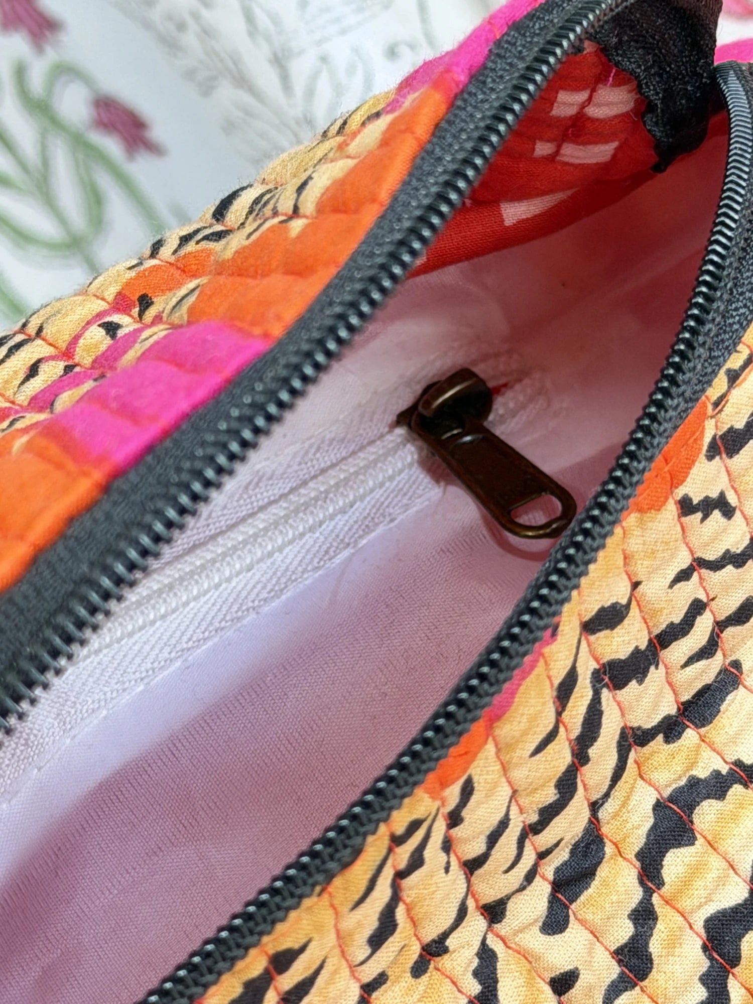 Jaipur Block Print Cotton Quilted Fanny Bag / Waist Bag in orange and pink tiger print close-up view
