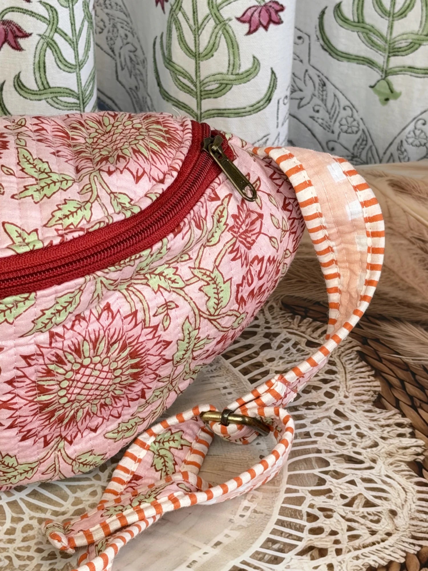 Jaipur Block Print Cotton Quilted Fanny Bag / Waist Bag in peach and pink floral print side view