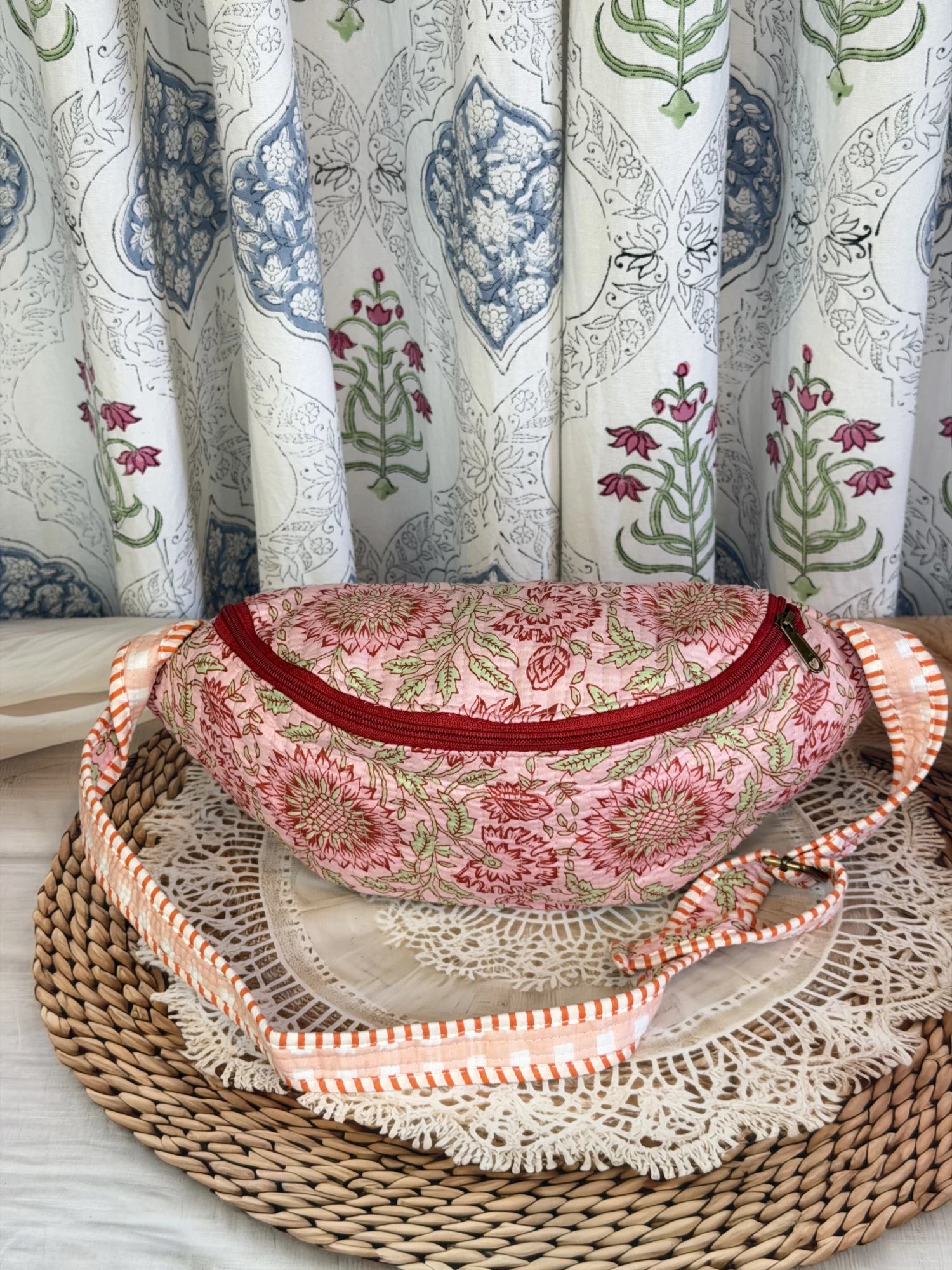 Jaipur Block Print Cotton Quilted Fanny Bag / Waist Bag in peach and pink floral print front view