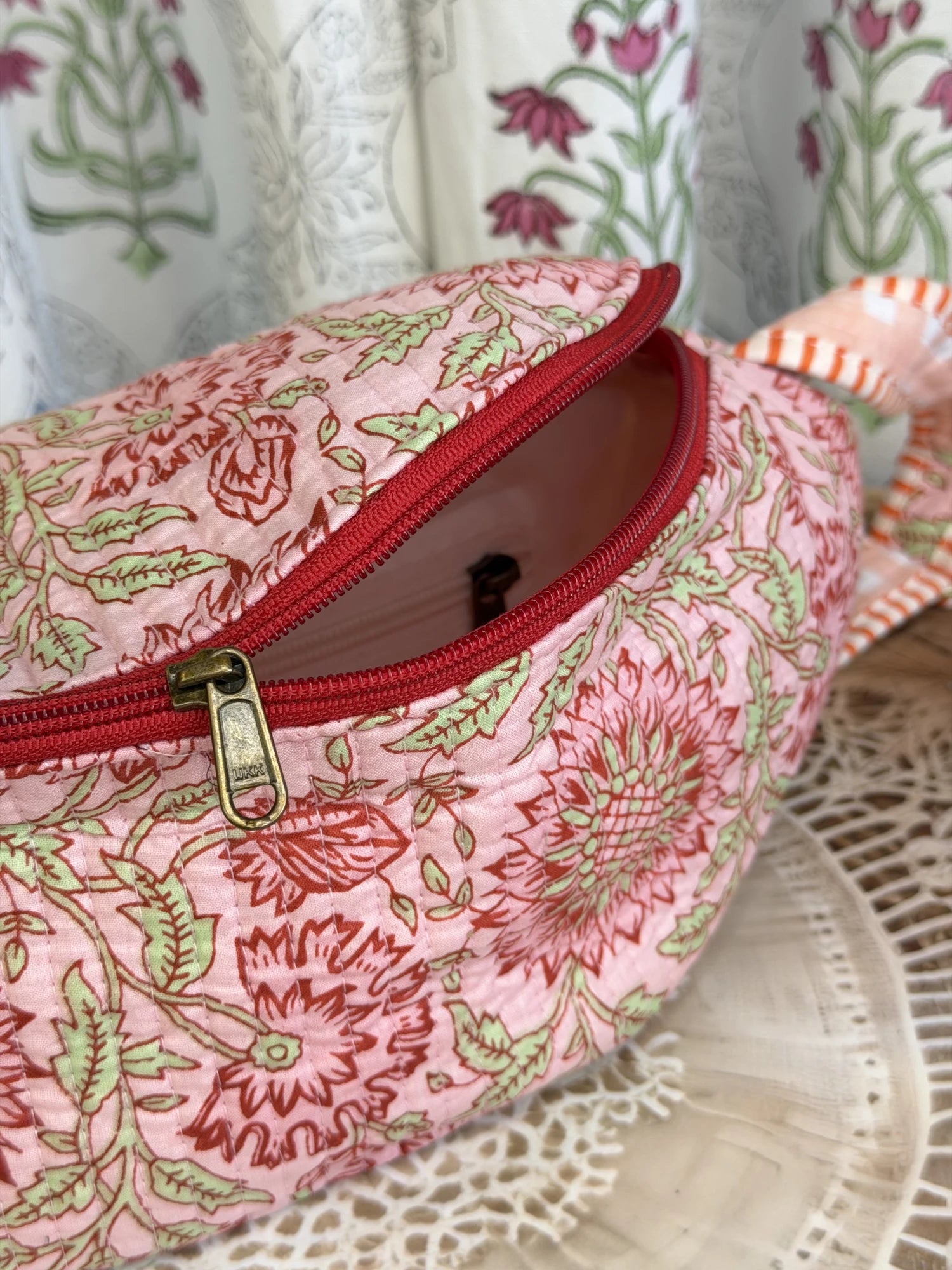Jaipur Block Print Cotton Quilted Fanny Bag / Waist Bag in peach and pink floral print back view