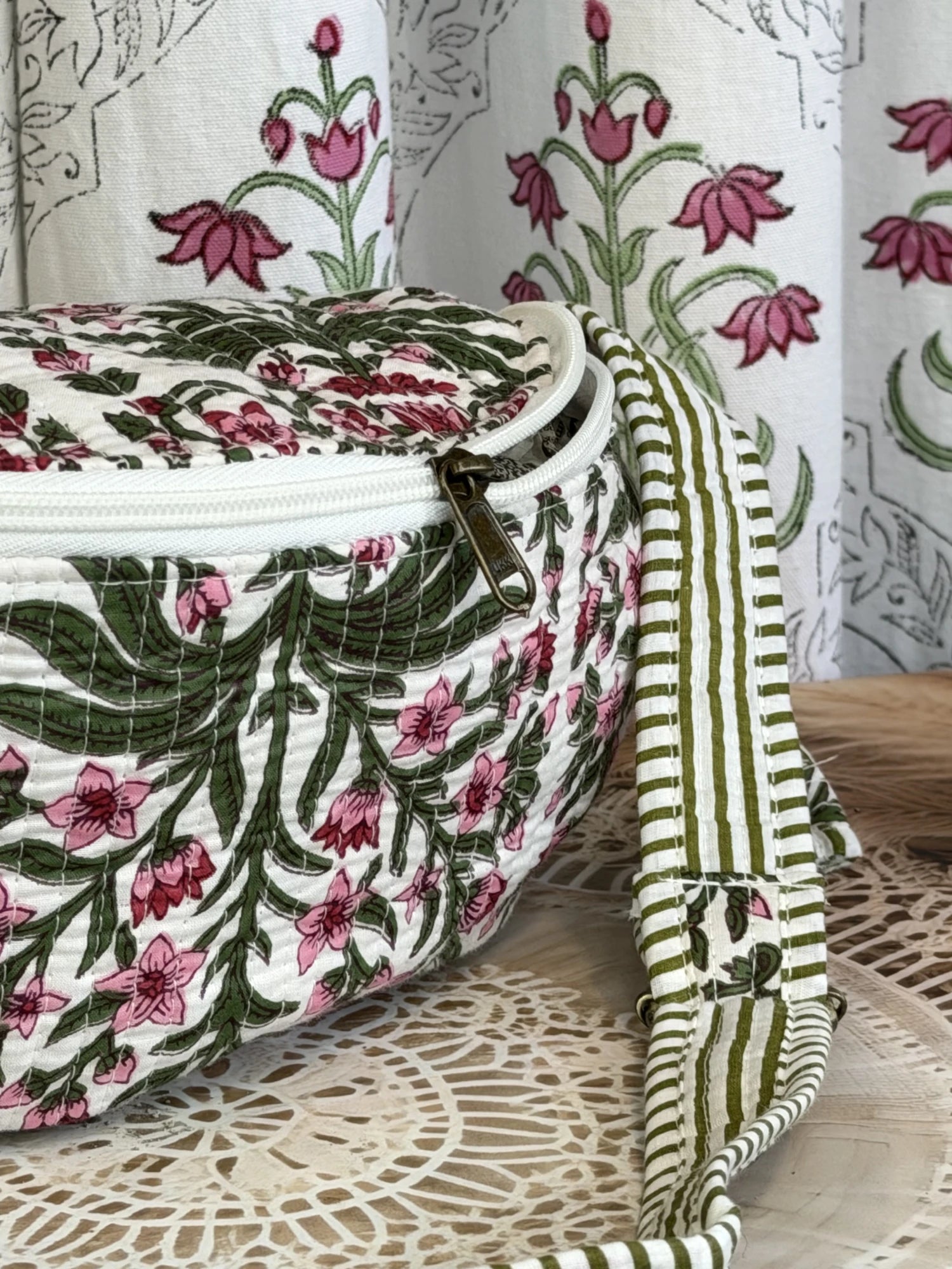 Jaipur Block Print Cotton Quilted Fanny Bag / Waist Bag in pink floral print with green leaves front view