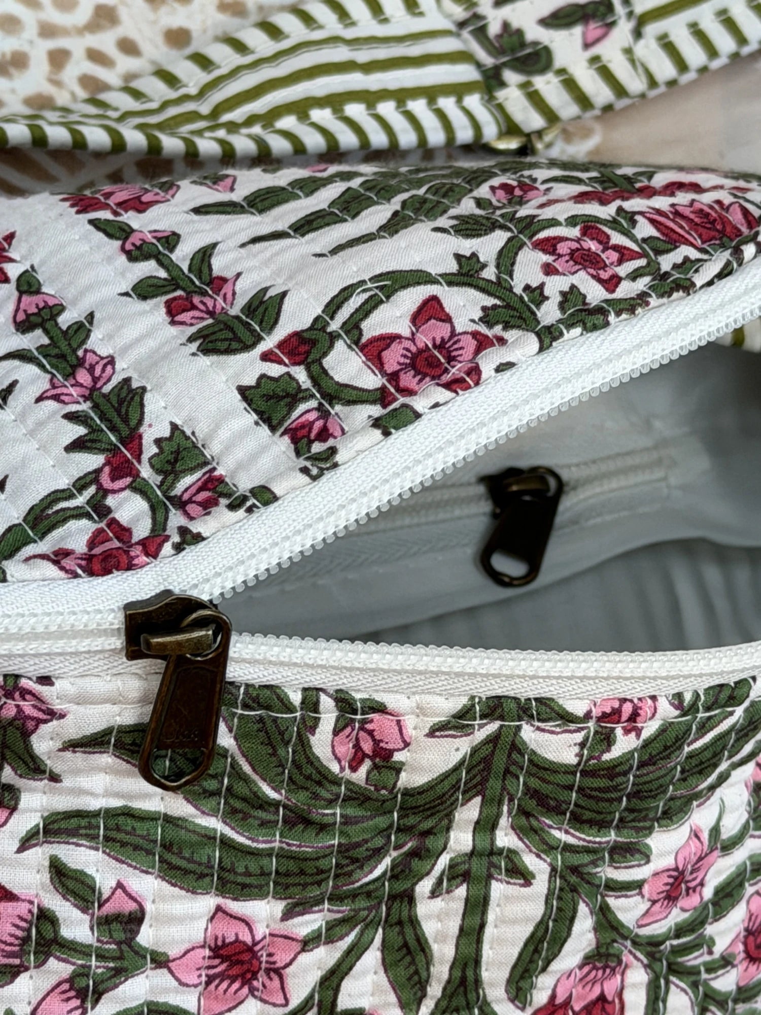 Jaipur Block Print Cotton Quilted Fanny Bag / Waist Bag in pink floral print with green leaves side view
