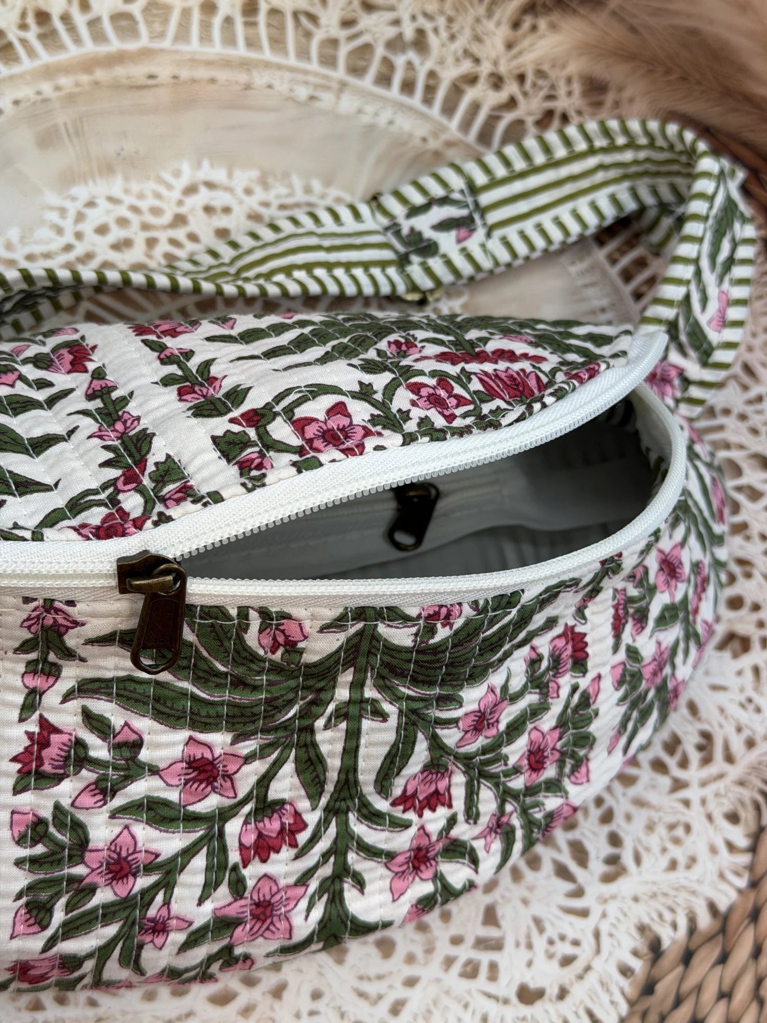 Jaipur Block Print Cotton Quilted Fanny Bag / Waist Bag in pink floral print with green leaves back view