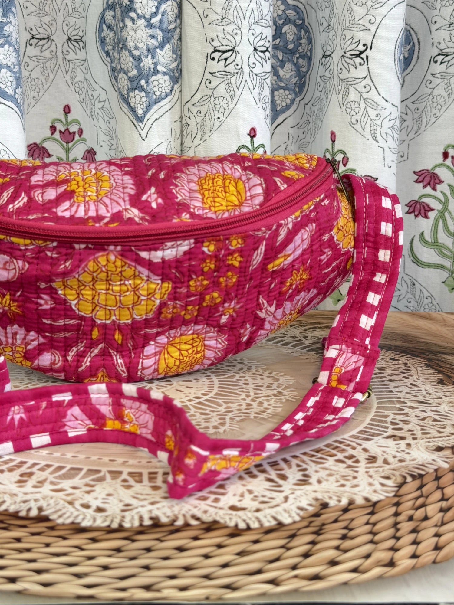 Jaipur Block Print Cotton Quilted Fanny Bag / Waist Bag in pink floral print front view