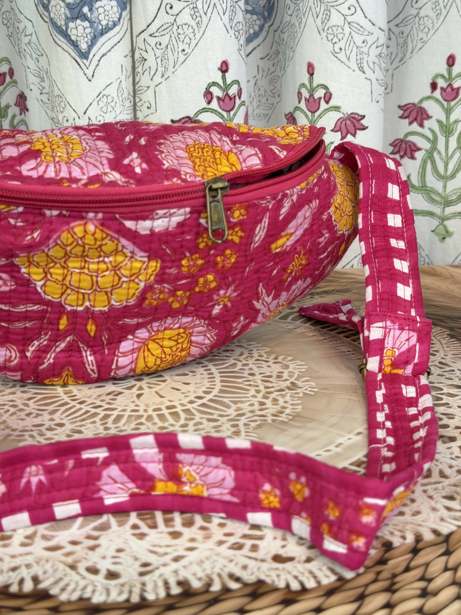 Jaipur Block Print Cotton Quilted Fanny Bag / Waist Bag in pink floral print side view