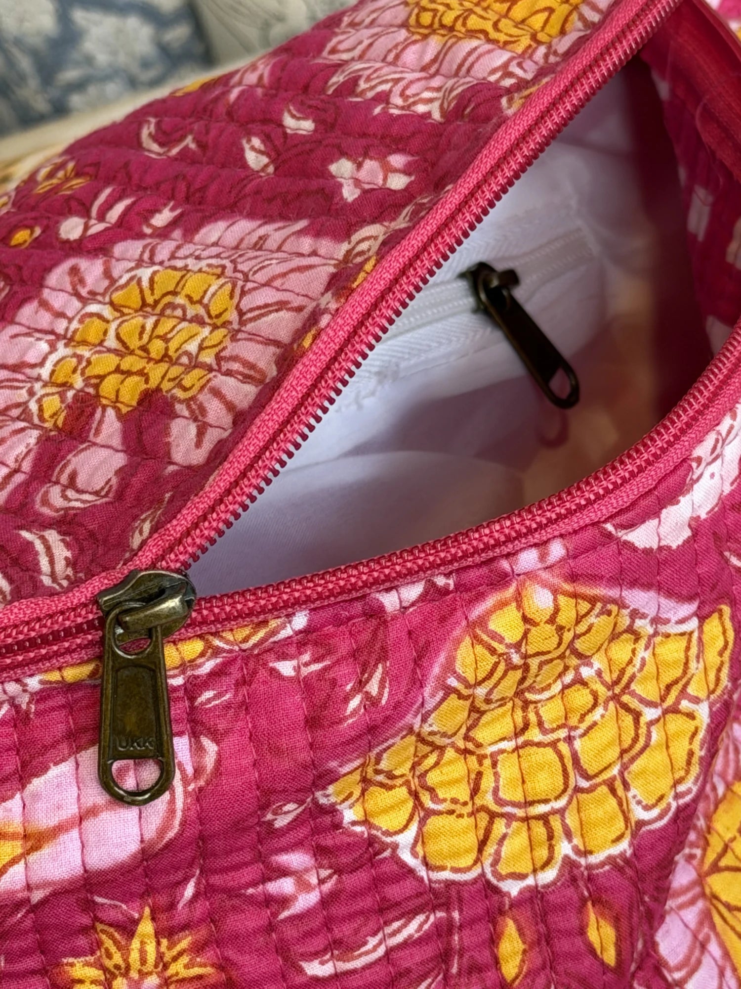 Jaipur Block Print Cotton Quilted Fanny Bag / Waist Bag in pink floral print back view