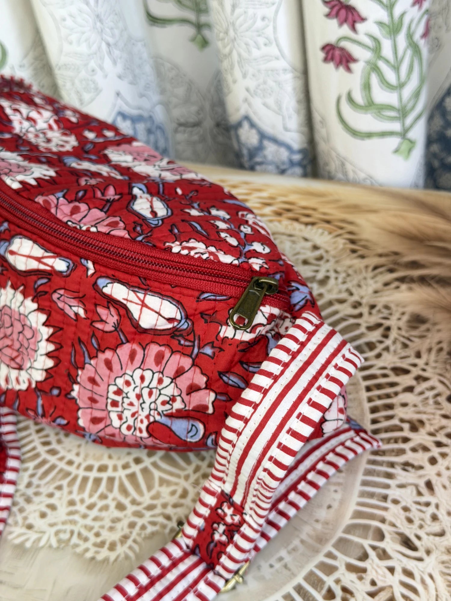 Jaipur Block Print Cotton Quilted Fanny Bag / Waist Bag in red floral print front view