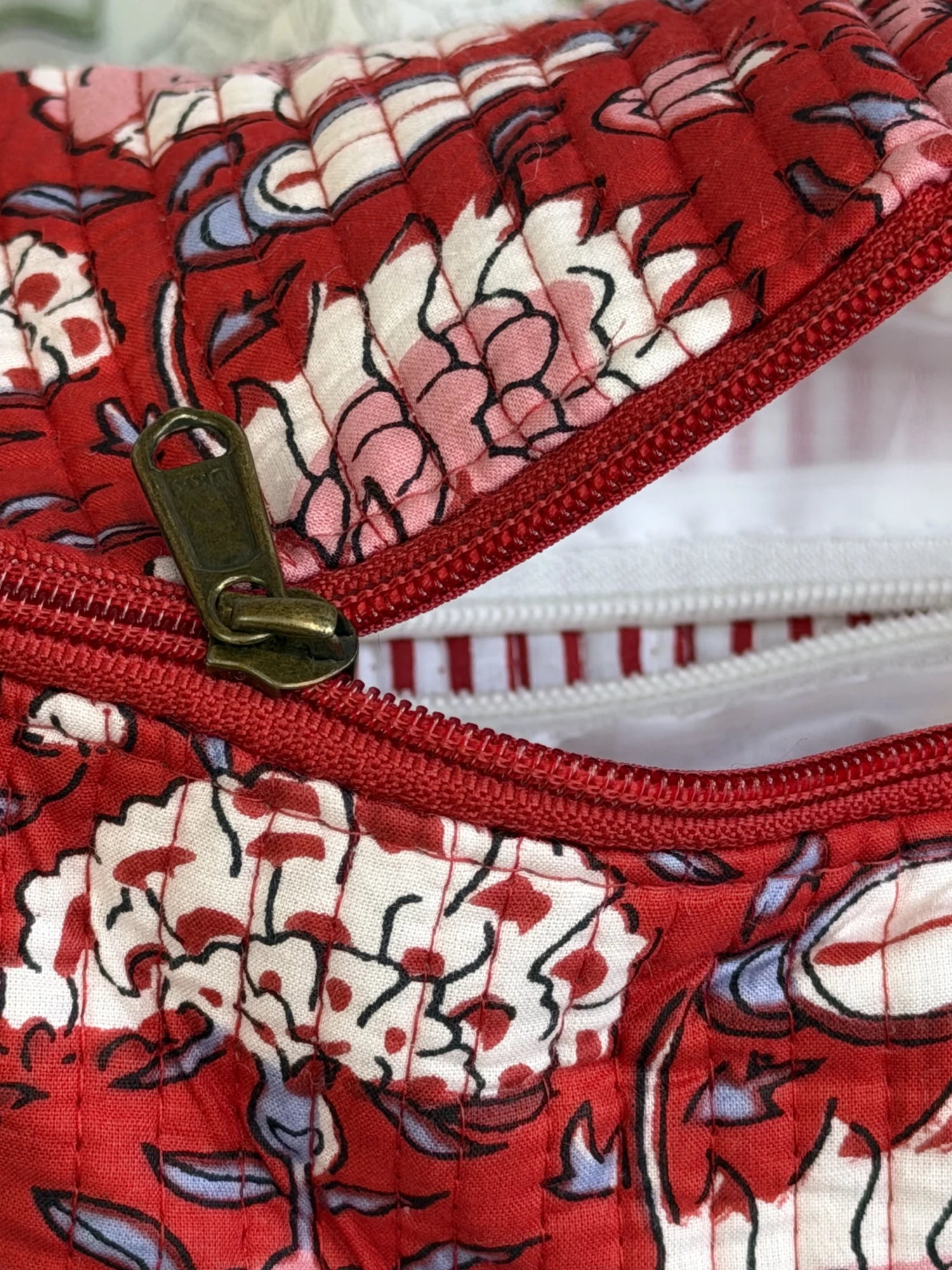 Jaipur Block Print Cotton Quilted Fanny Bag / Waist Bag in red floral print side view