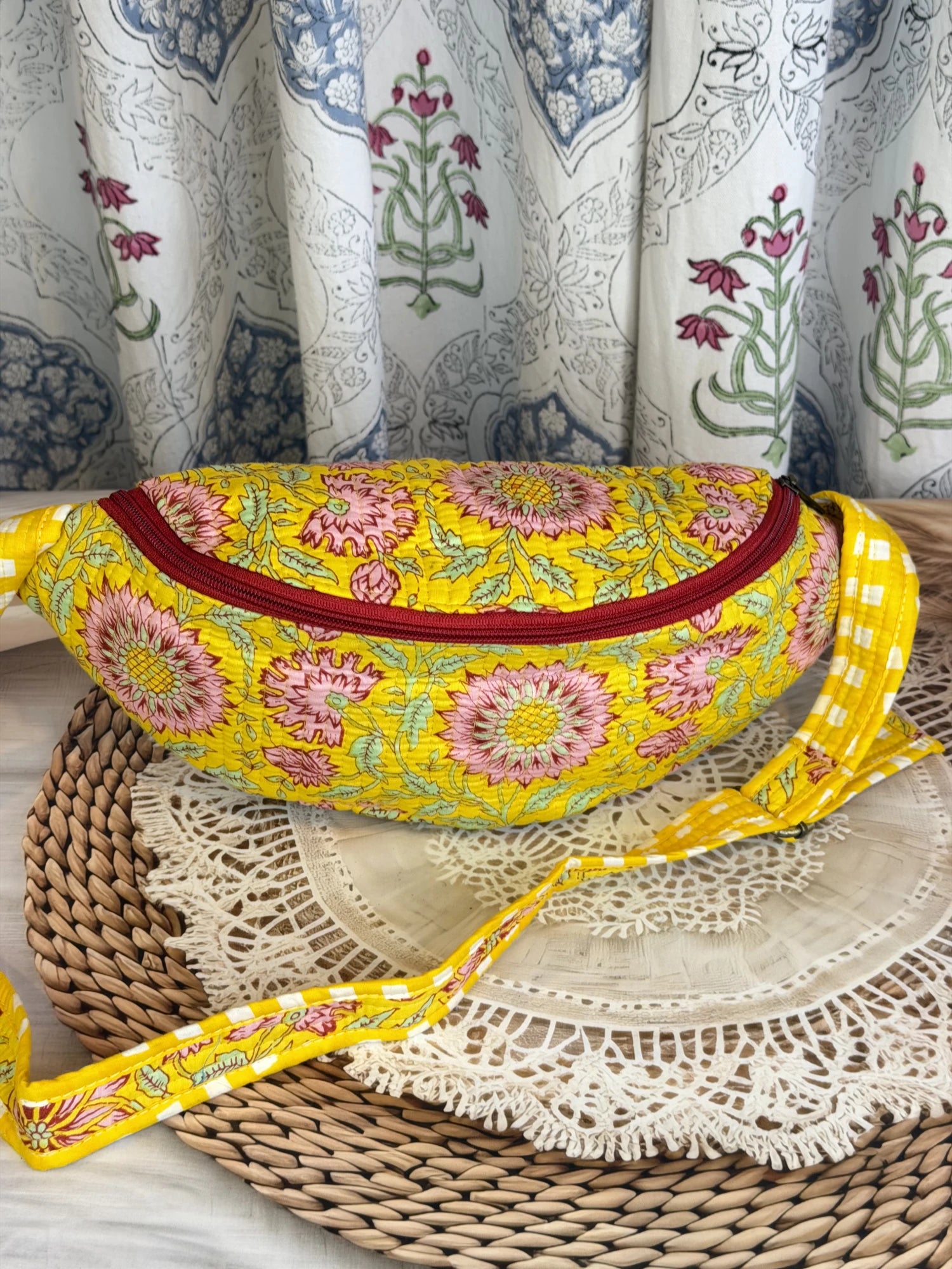 Jaipur Block Print Cotton Quilted Fanny Bag / Waist Bag in yellow floral print front view