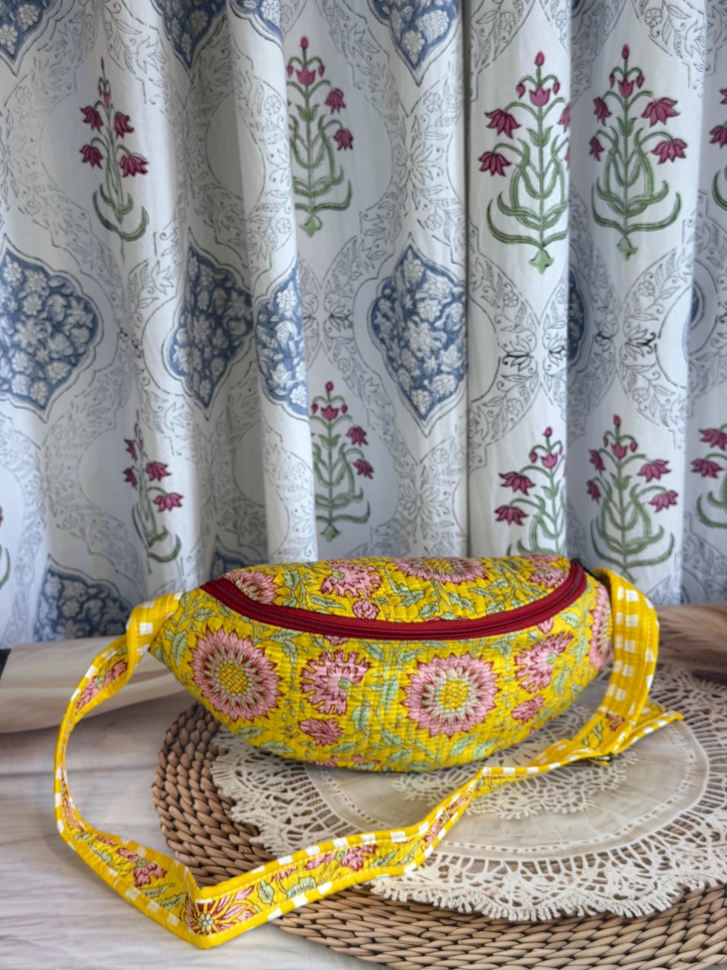 Jaipur Block Print Cotton Quilted Fanny Bag / Waist Bag in yellow floral print side view
