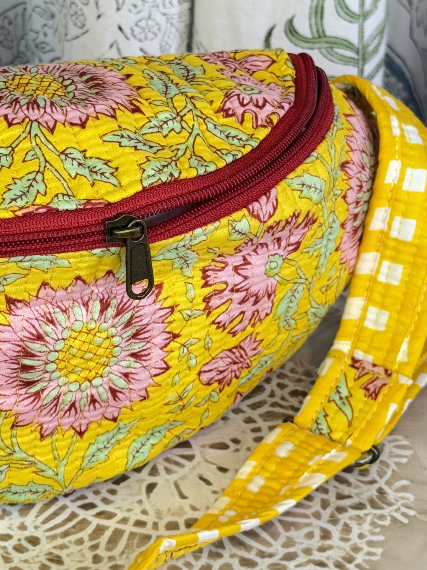 Jaipur Block Print Cotton Quilted Fanny Bag / Waist Bag in yellow floral print back view