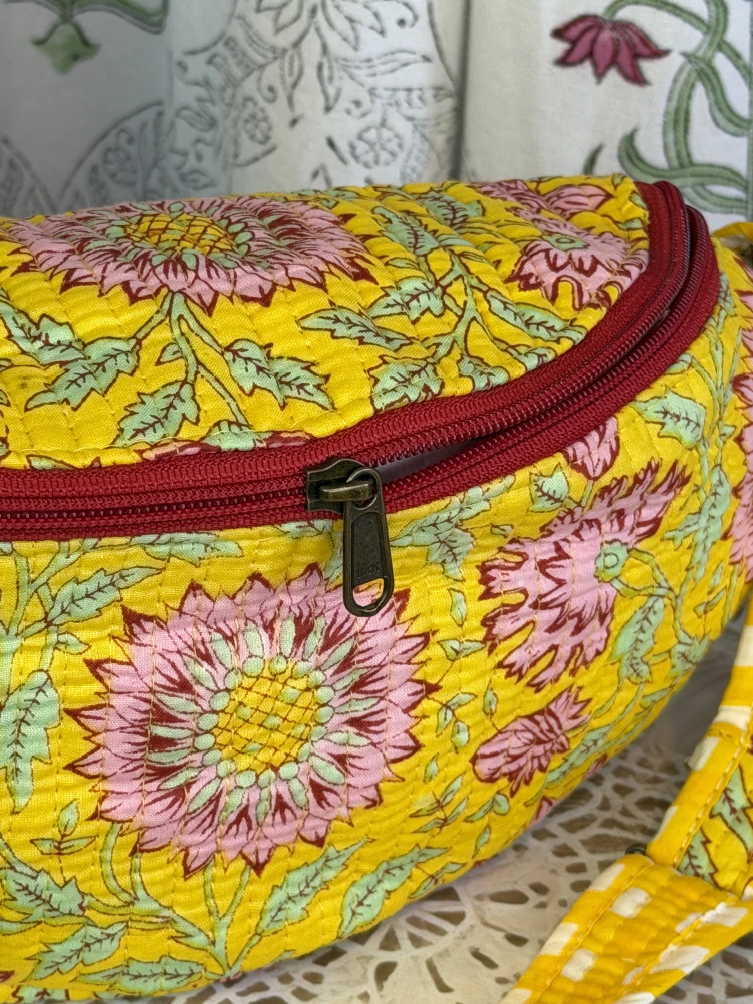 Jaipur Block Print Cotton Quilted Fanny Bag / Waist Bag in yellow floral print interior view