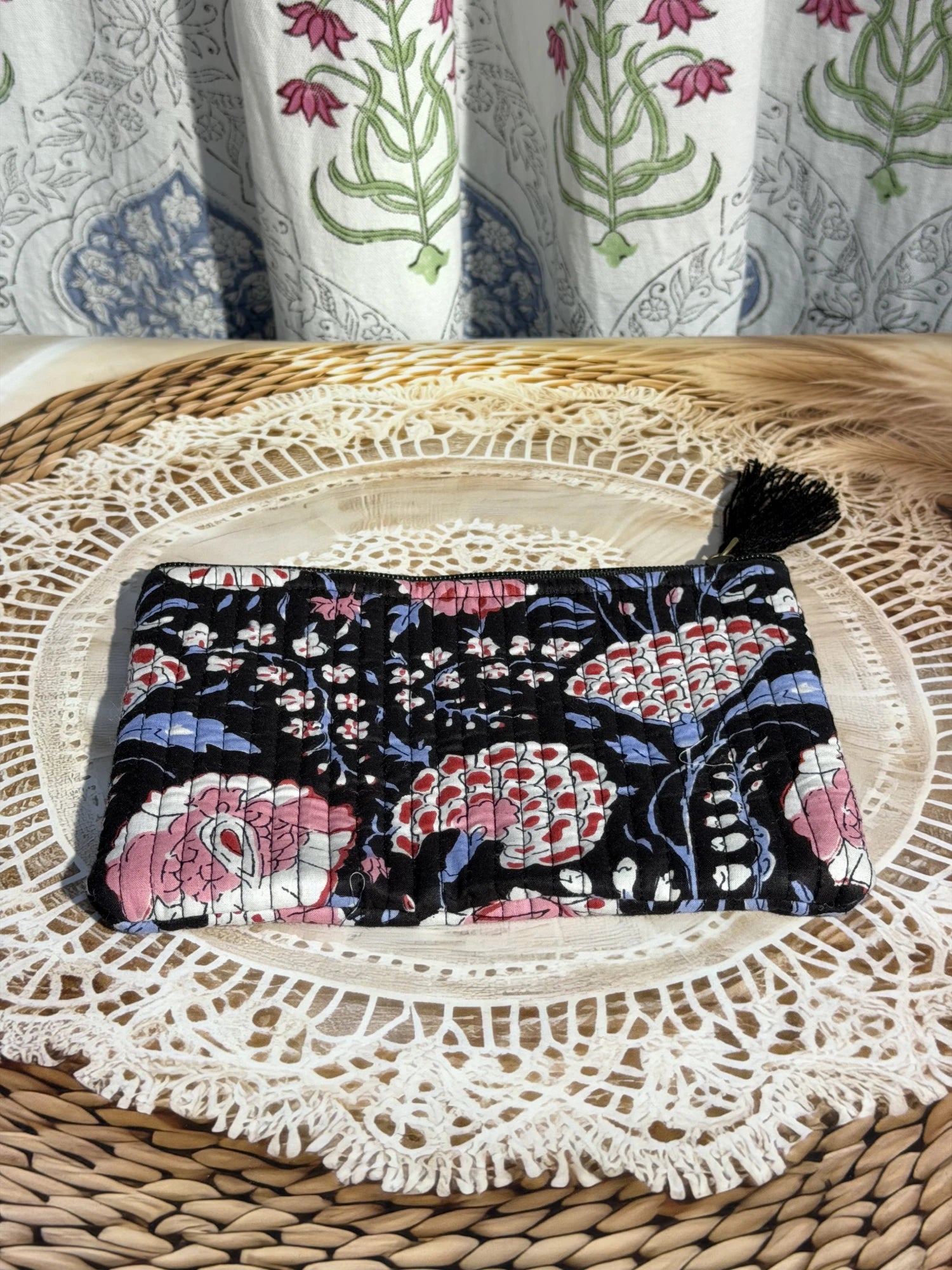 Jaipur Block Print Cotton Quilted Flat Pouch in black and pink floral print, medium 9 × 7 inch zip pouch for everyday use front view