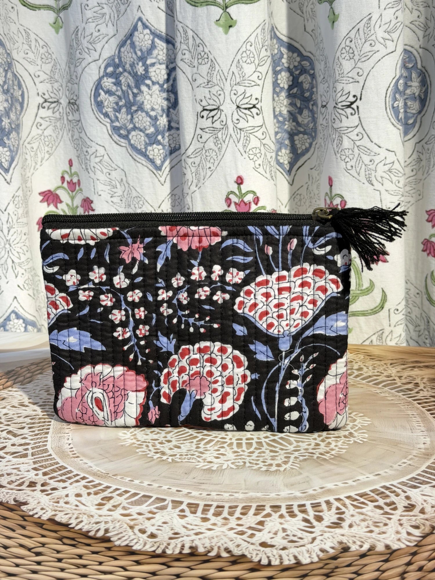 Jaipur Block Print Cotton Quilted Flat Pouch in black and pink floral print, medium 9 × 7 inch zip pouch for everyday use side view