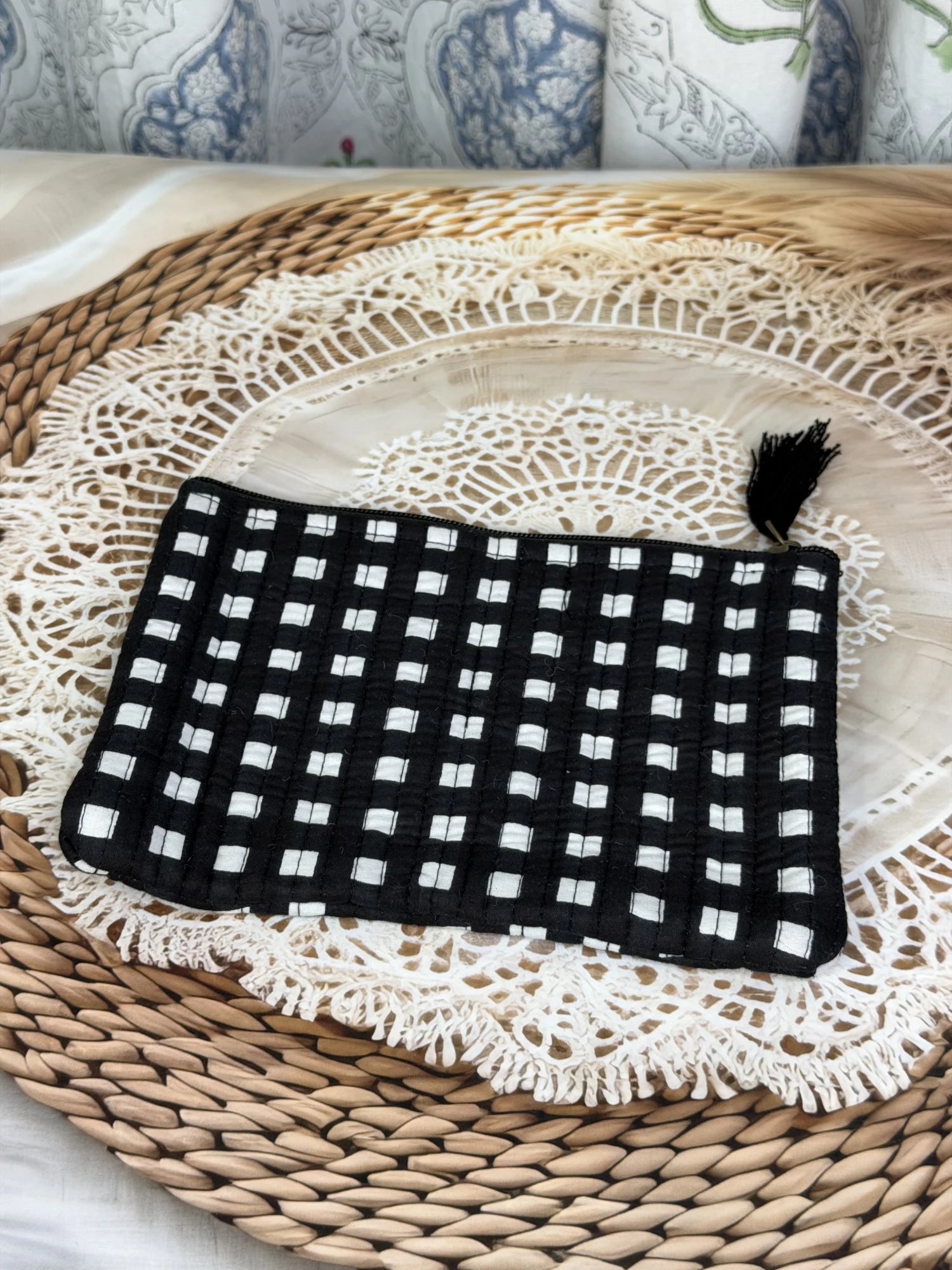 Jaipur Block Print Cotton Quilted Flat Pouch in black and white geometric check print, medium 9 × 7 inch zip pouch for everyday use front view