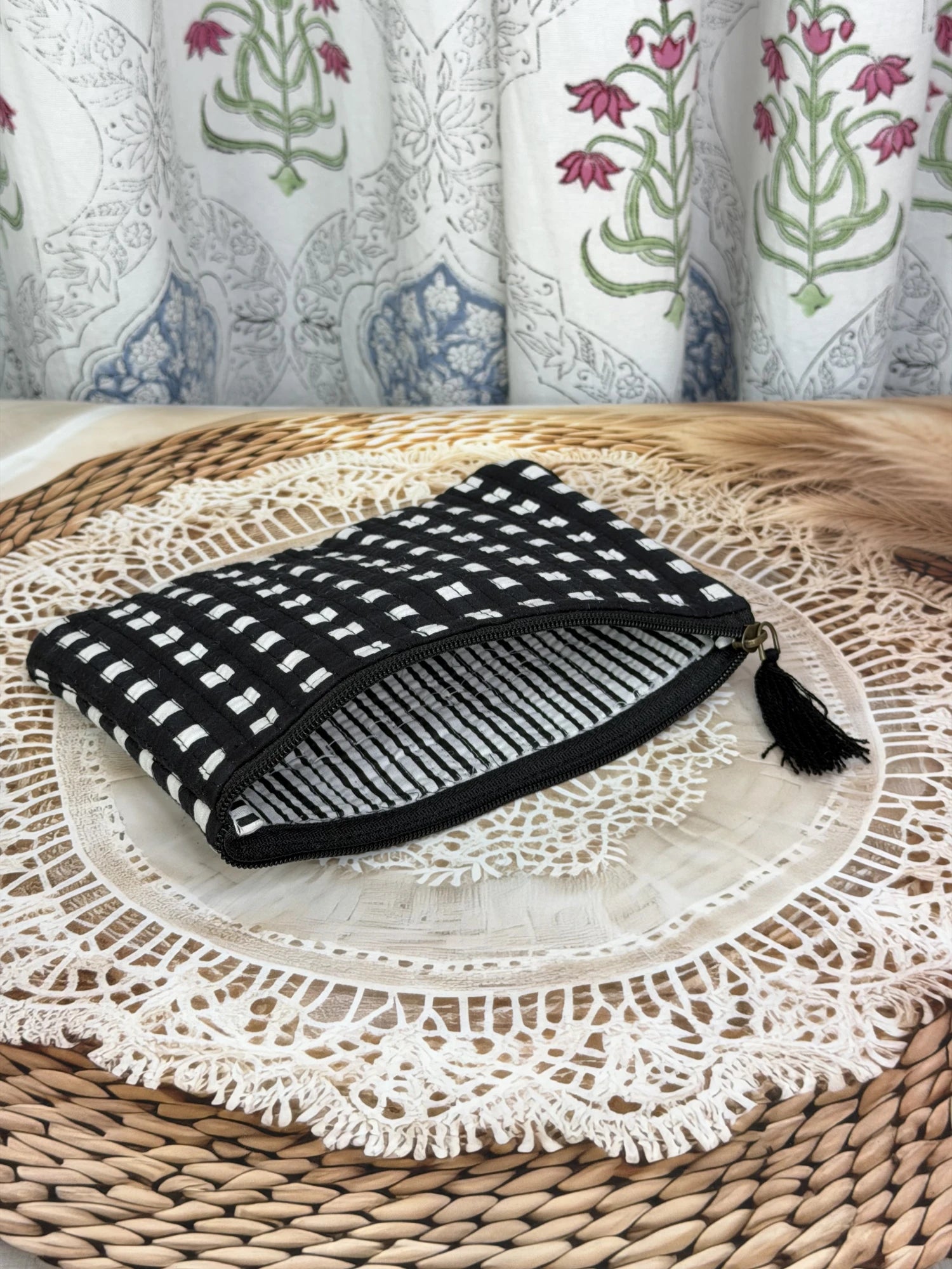 Jaipur Block Print Cotton Quilted Flat Pouch in black and white geometric check print, medium 9 × 7 inch zip pouch for everyday use side view