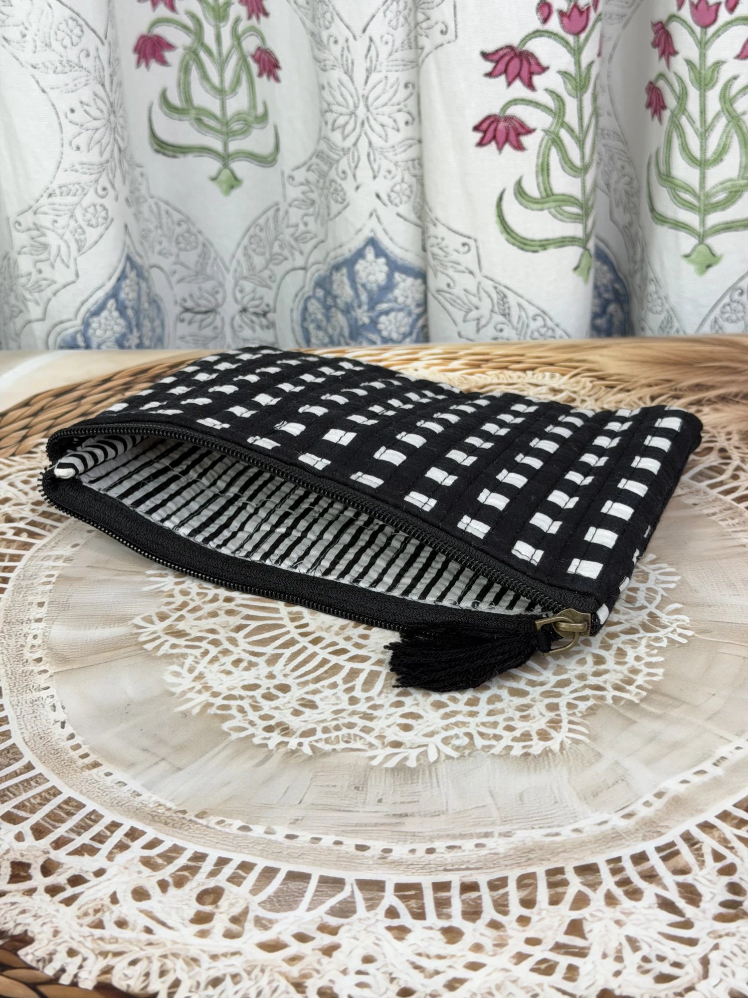Jaipur Block Print Cotton Quilted Flat Pouch in black and white geometric check print, medium 9 × 7 inch zip pouch for everyday use back view
