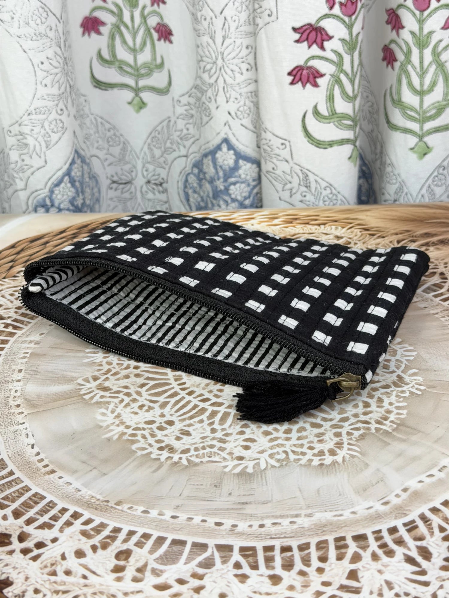 Jaipur Block Print Cotton Quilted Flat Pouch in black and white geometric check print, medium 9 × 7 inch zip pouch for everyday use close-up view