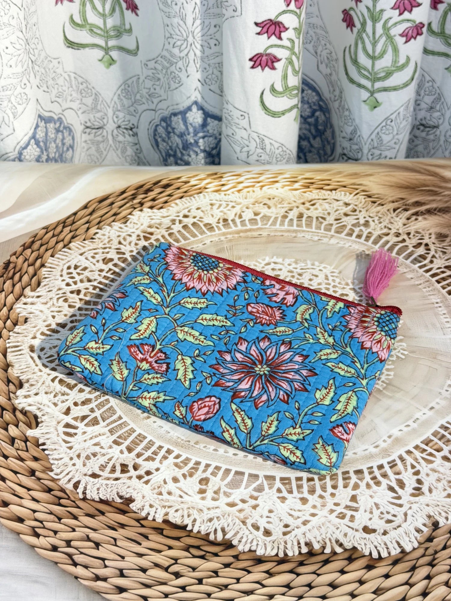 Jaipur Block Print Cotton Quilted Flat Pouch in blue floral print, medium 9 × 7 inch zip pouch for everyday use front view