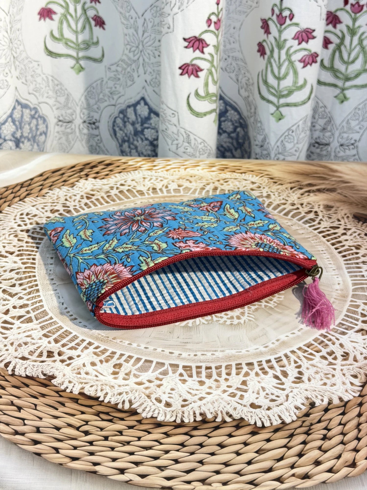 Jaipur Block Print Cotton Quilted Flat Pouch in blue floral print, medium 9 × 7 inch zip pouch for everyday use side view