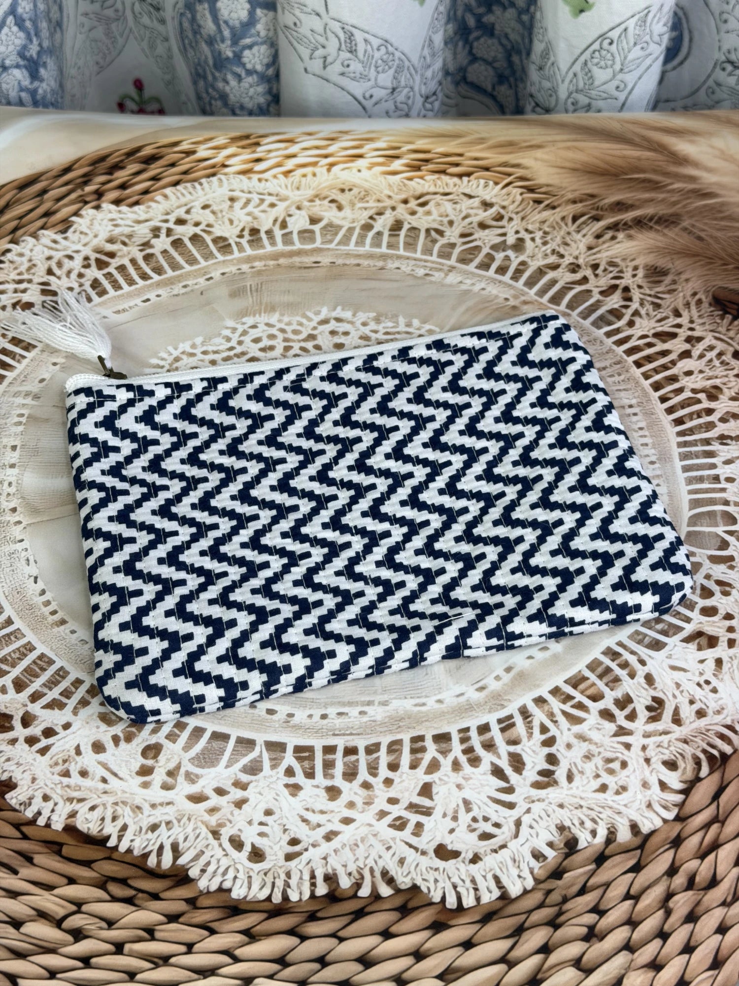 Jaipur Block Print Cotton Quilted Flat Pouch in blue and white geometric zigzag print, medium 9 × 7 inch zip pouch for everyday use front view