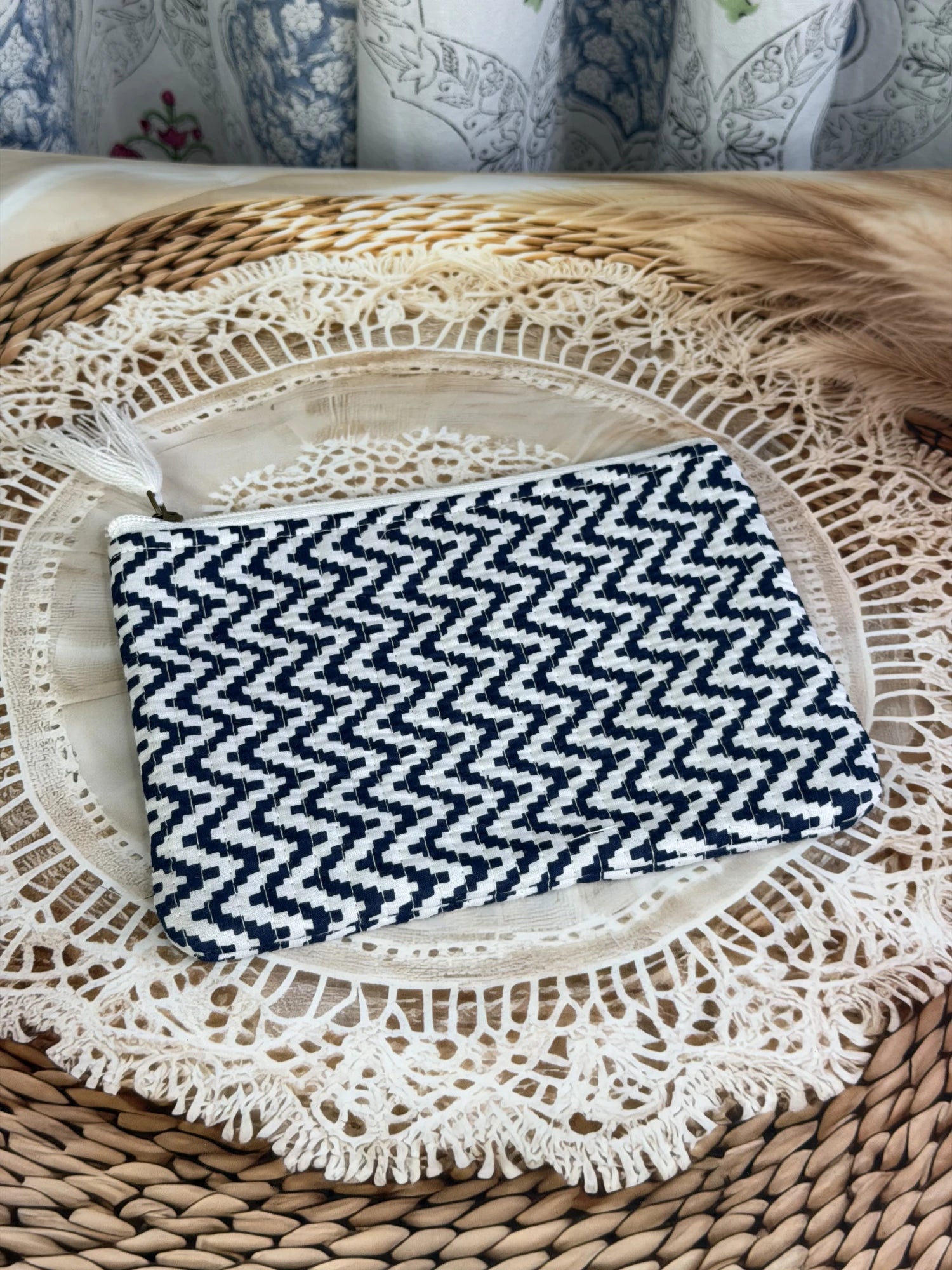 Jaipur Block Print Cotton Quilted Flat Pouch in blue and white geometric zigzag print, medium 9 × 7 inch zip pouch for everyday use side view