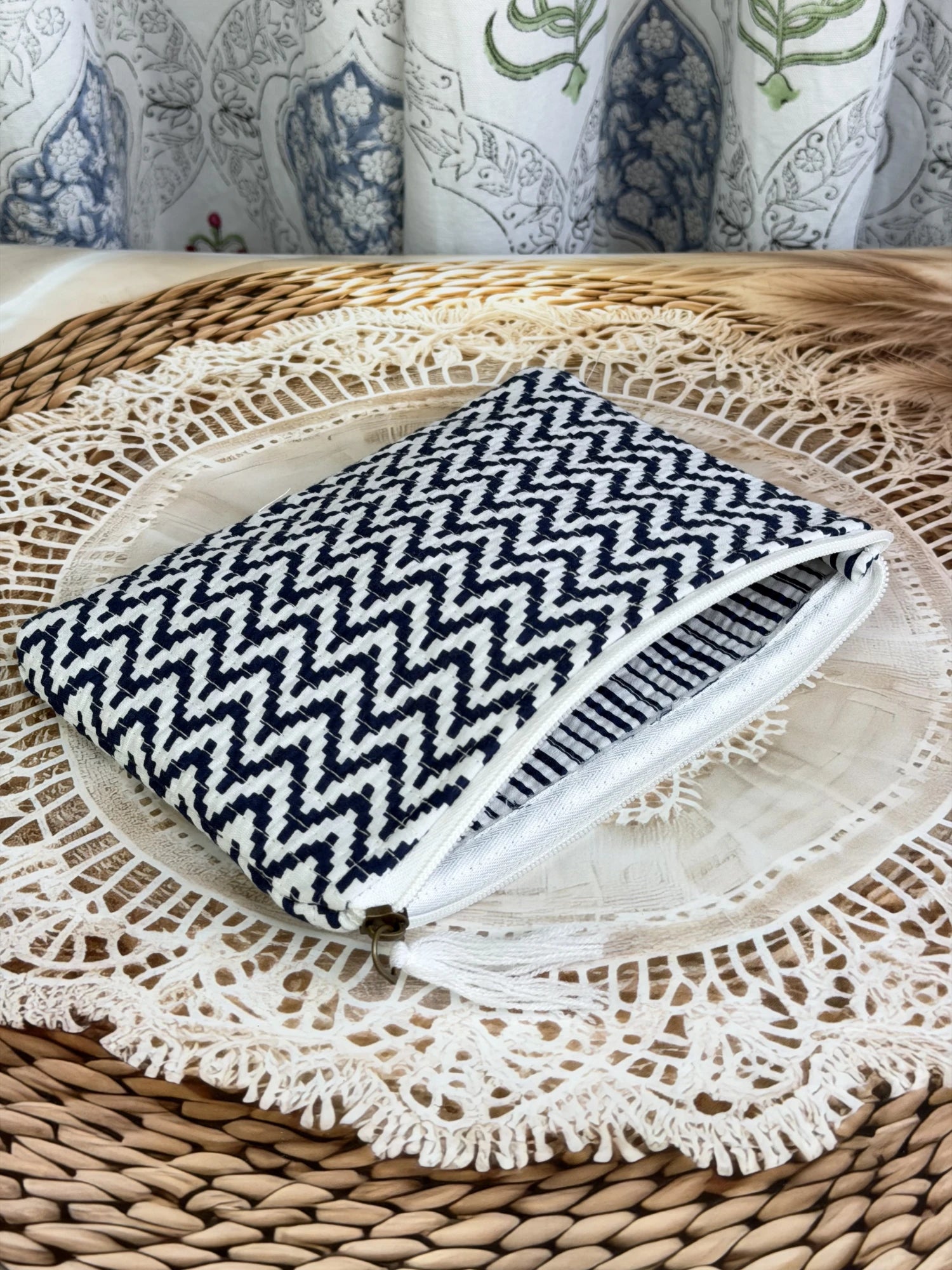 Jaipur Block Print Cotton Quilted Flat Pouch in blue and white geometric zigzag print, medium 9 × 7 inch zip pouch for everyday use back view