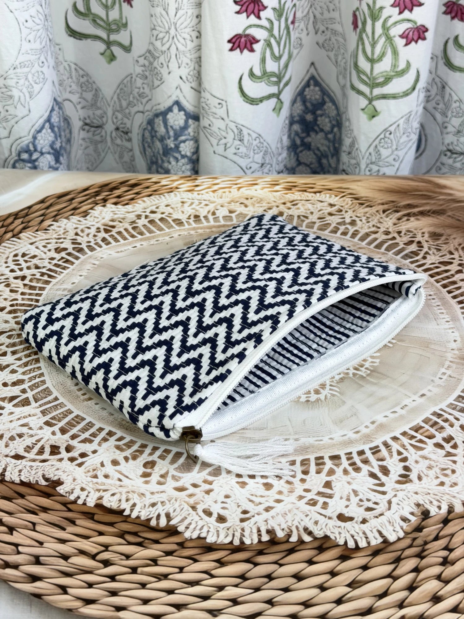 Jaipur Block Print Cotton Quilted Flat Pouch in blue and white geometric zigzag print, medium 9 × 7 inch zip pouch for everyday use interior view