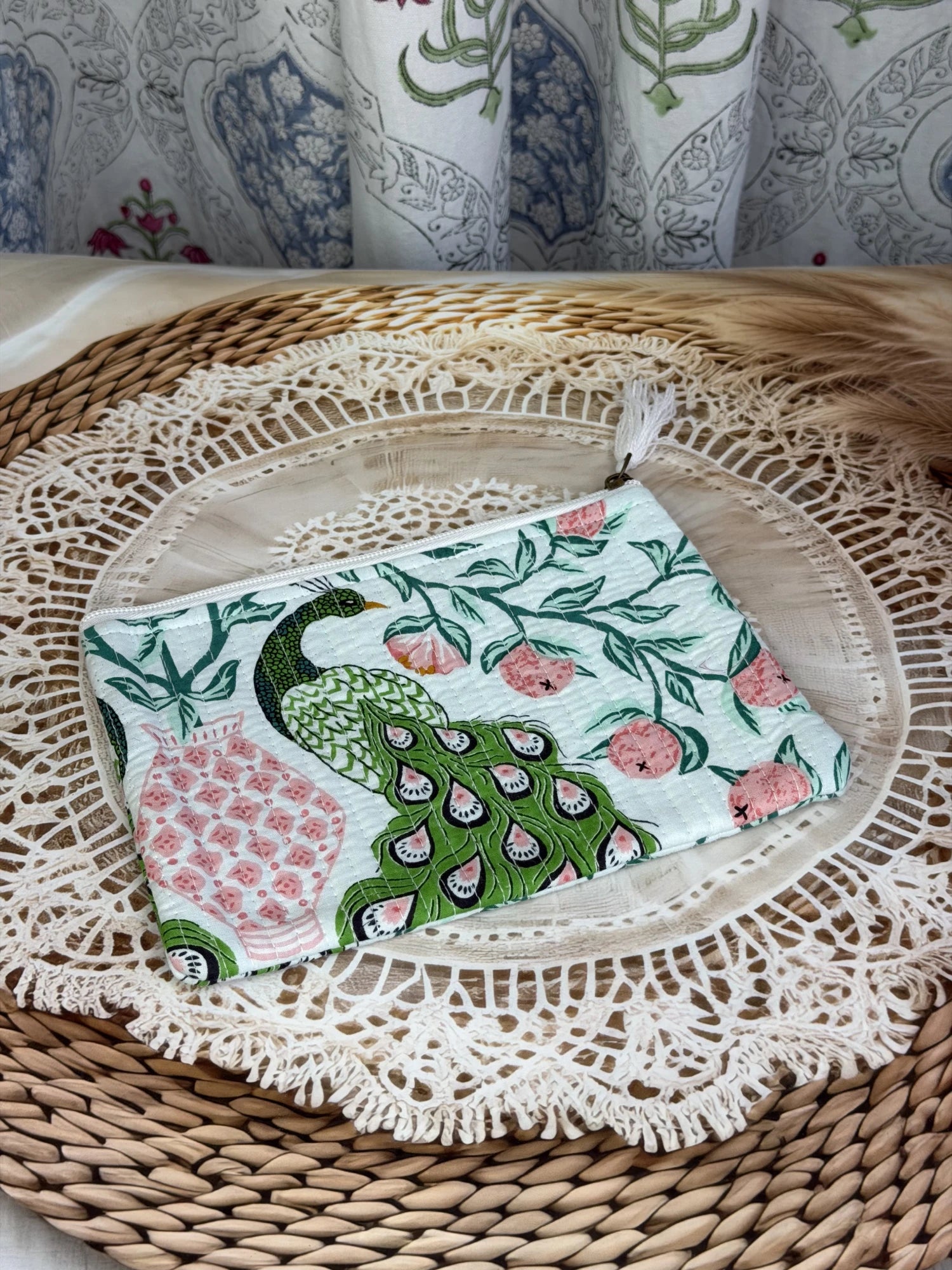 Jaipur Block Print Cotton Quilted Flat Pouch in green and pink peacock print, medium 9 × 7 inch zip pouch for everyday use front view