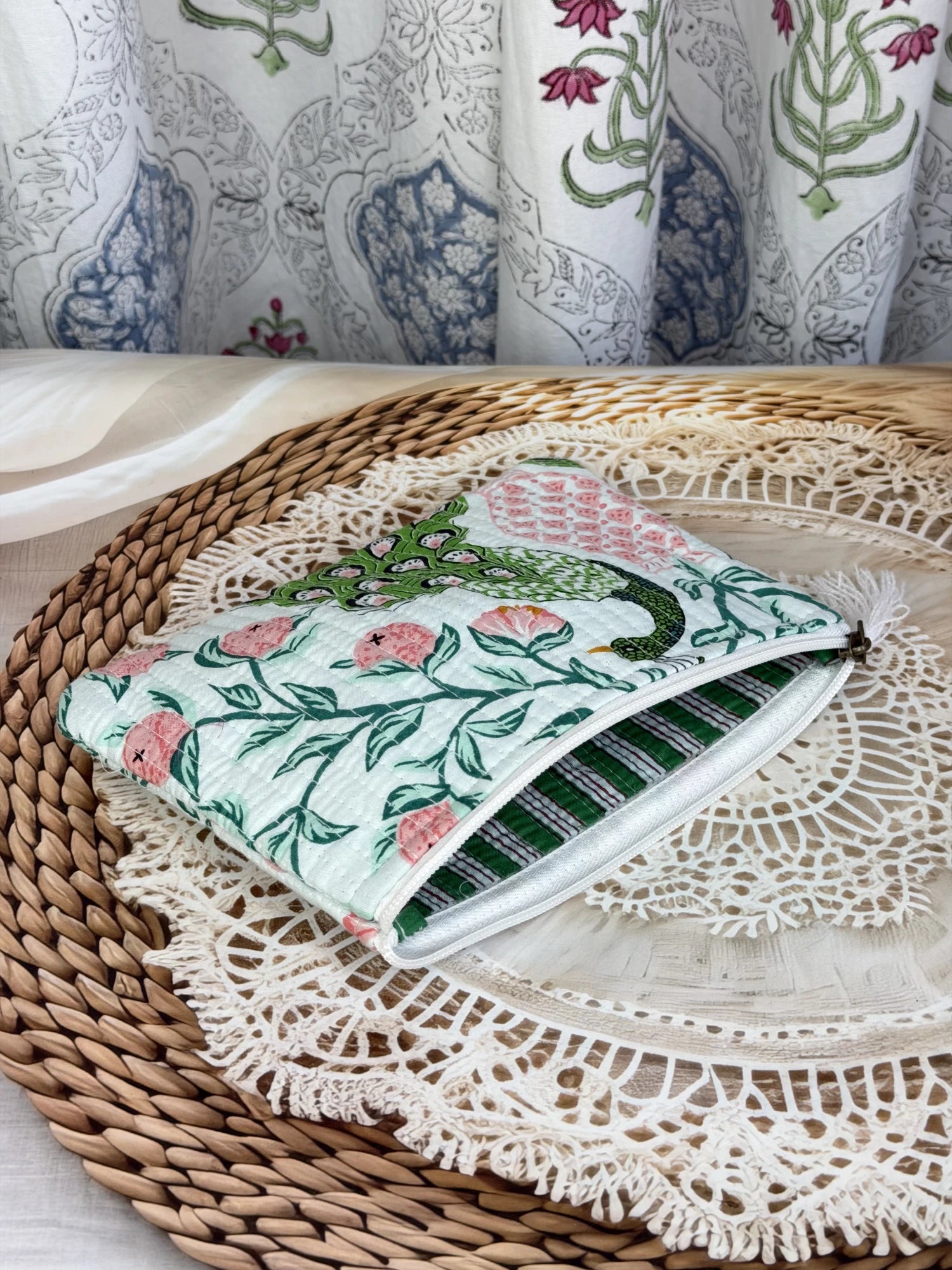 Jaipur Block Print Cotton Quilted Flat Pouch in green and pink peacock print, medium 9 × 7 inch zip pouch for everyday use back view
