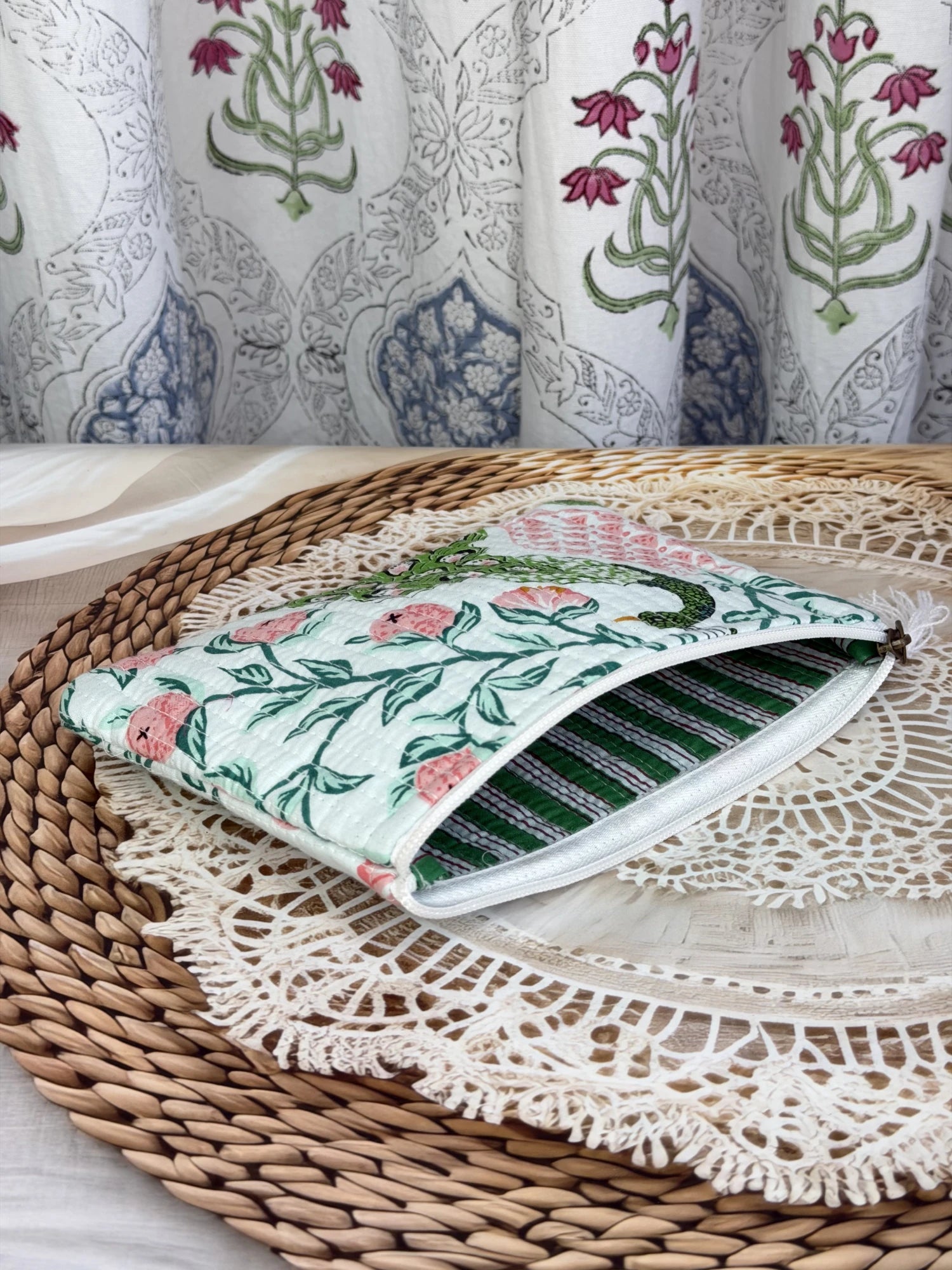 Jaipur Block Print Cotton Quilted Flat Pouch in green and pink peacock print, medium 9 × 7 inch zip pouch for everyday use interior view
