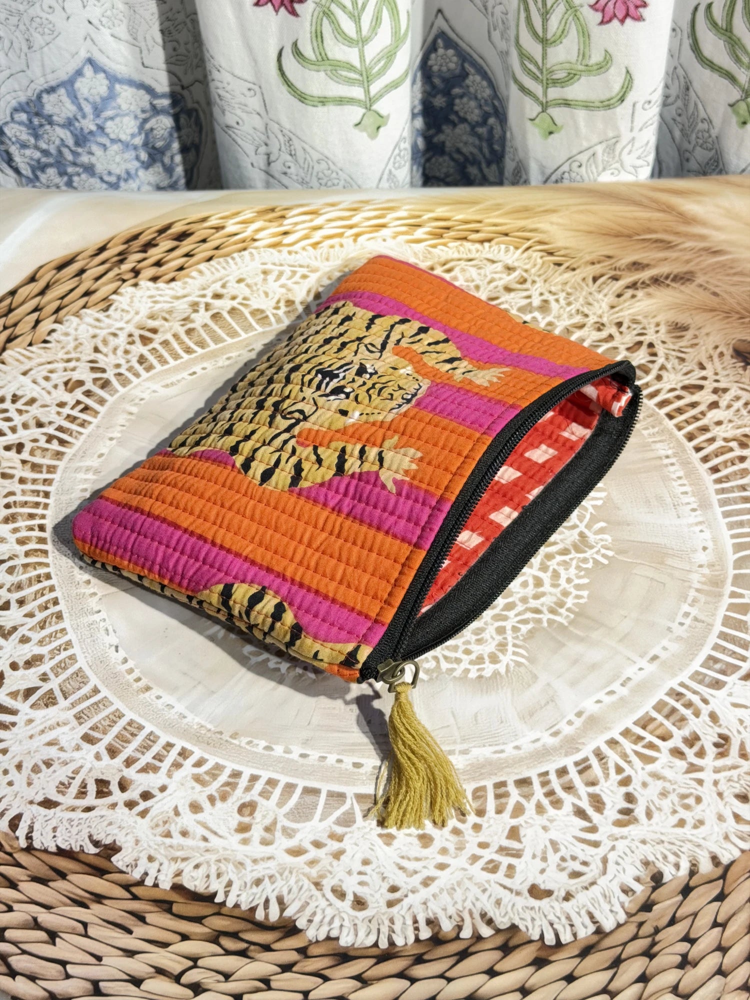Jaipur Block Print Cotton Quilted Flat Pouch in orange and pink tiger print, medium 9 × 7 inch zip pouch for everyday use side view