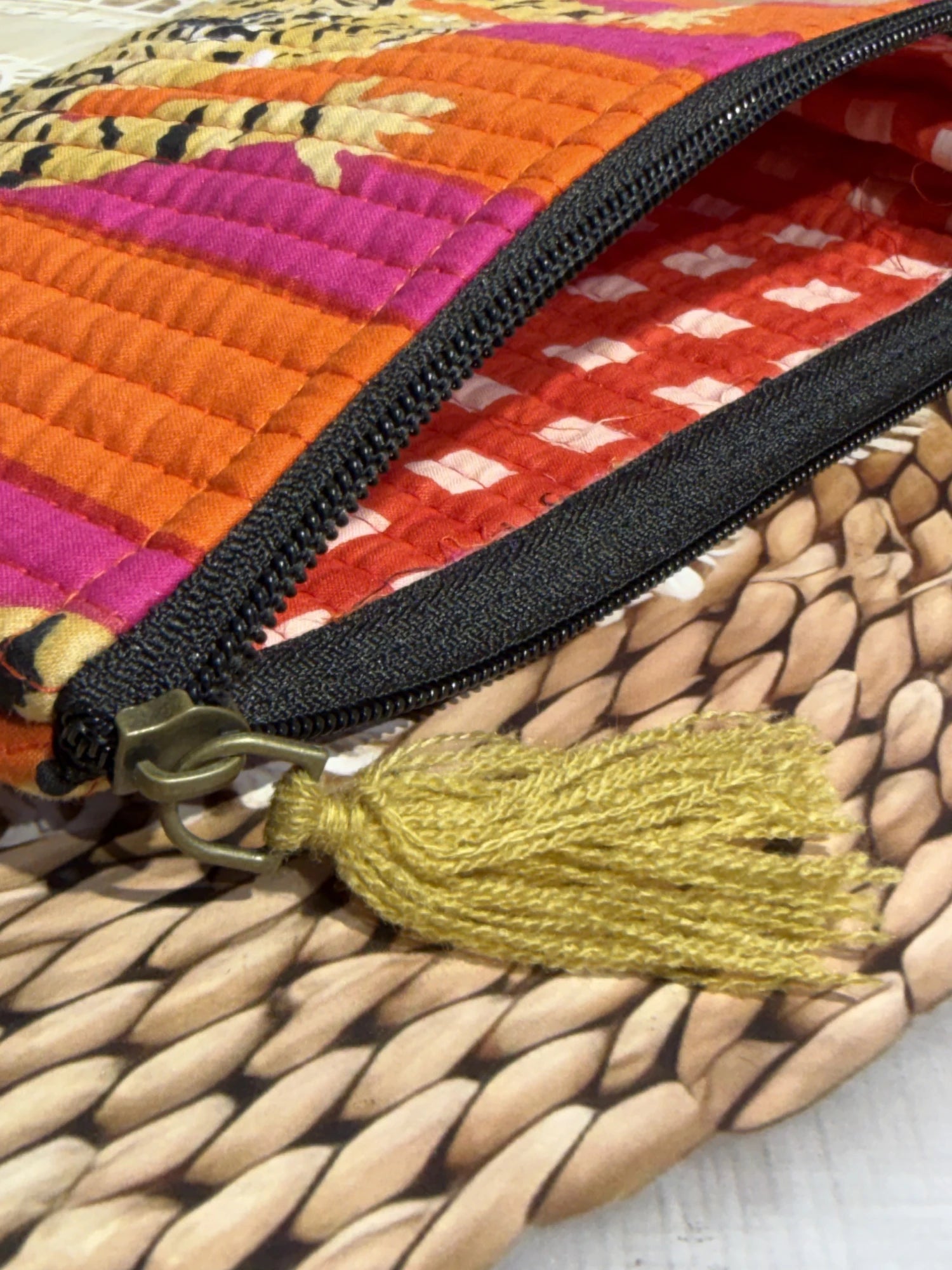 Jaipur Block Print Cotton Quilted Flat Pouch in orange and pink tiger print, medium 9 × 7 inch zip pouch for everyday use back view