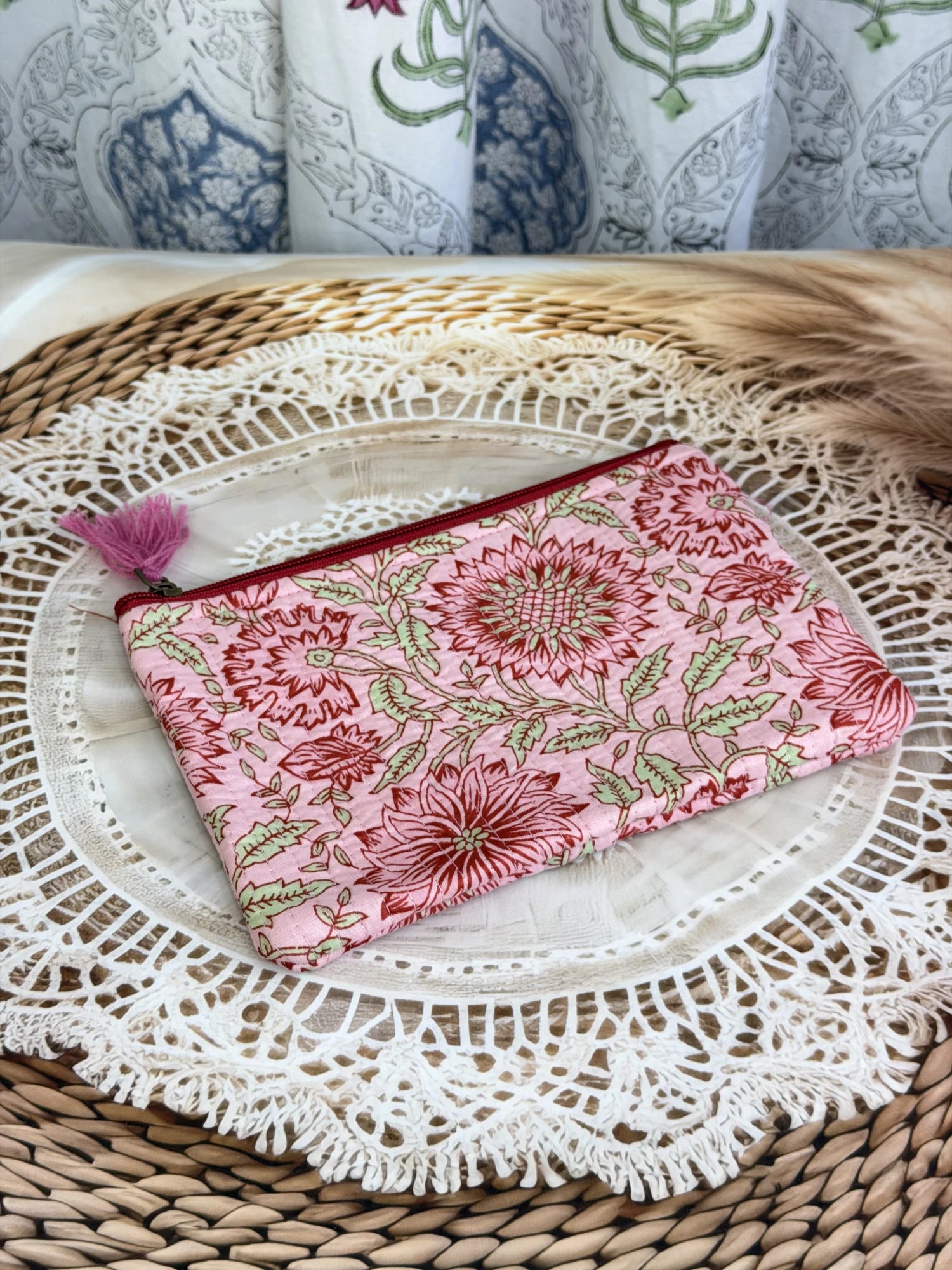 Jaipur Block Print Cotton Quilted Flat Pouch in peach and pink floral print, medium 9 × 7 inch zip pouch for everyday use front view