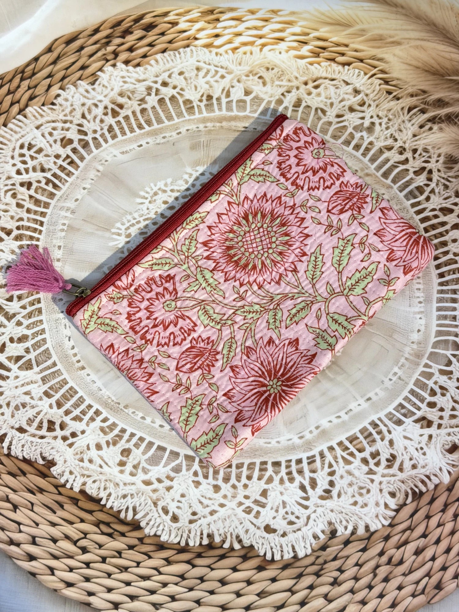 Jaipur Block Print Cotton Quilted Flat Pouch in peach and pink floral print, medium 9 × 7 inch zip pouch for everyday use side view