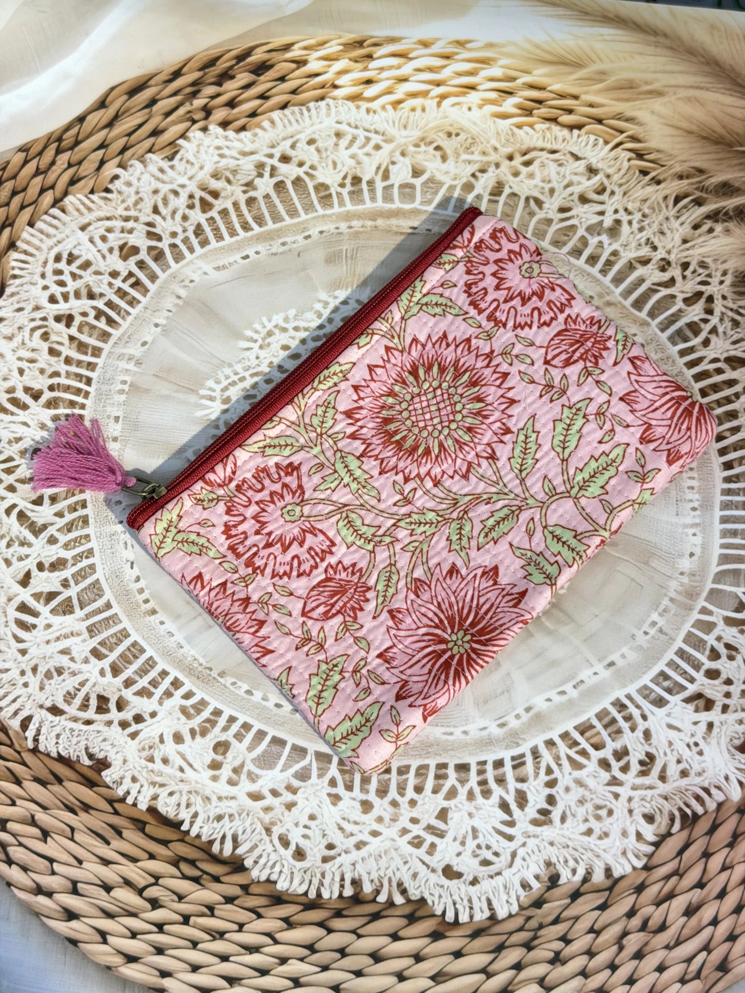 Jaipur Block Print Cotton Quilted Flat Pouch in peach and pink floral print, medium 9 × 7 inch zip pouch for everyday use back view