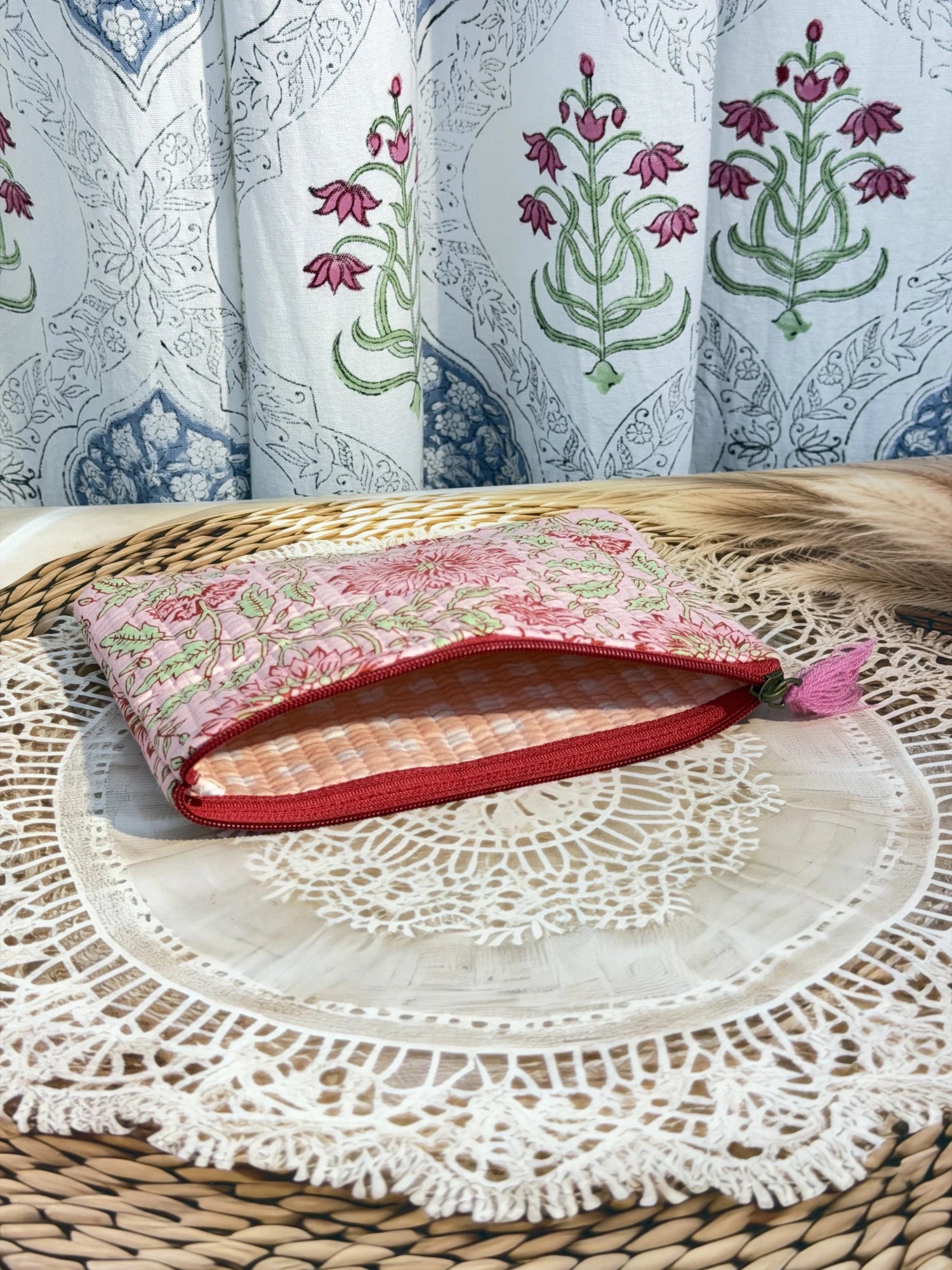 Jaipur Block Print Cotton Quilted Flat Pouch in peach and pink floral print, medium 9 × 7 inch zip pouch for everyday use interior view