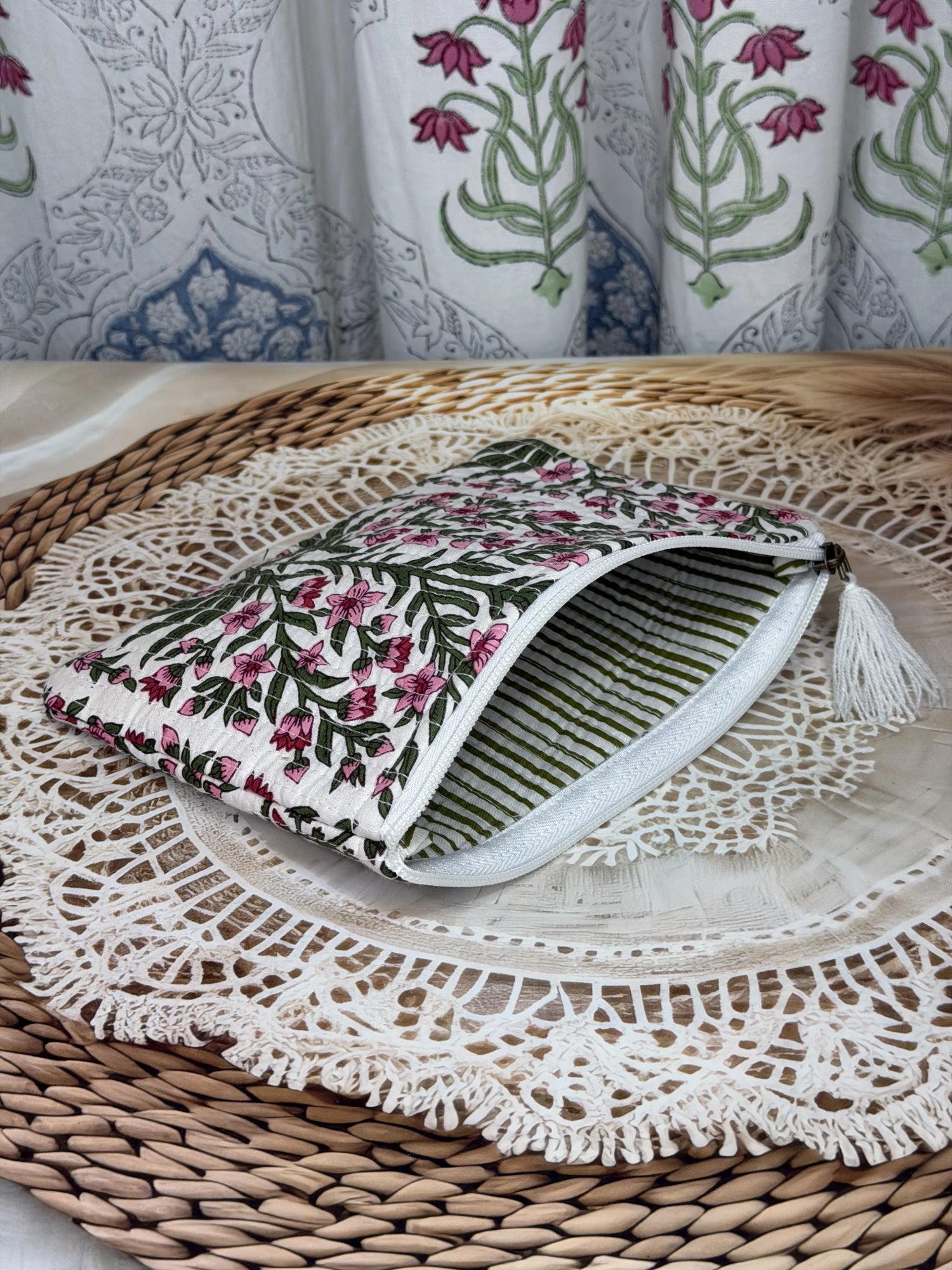 Jaipur Block Print Cotton Quilted Flat Pouch in pink floral print with green leaves, medium 9 × 7 inch zip pouch for everyday use side view