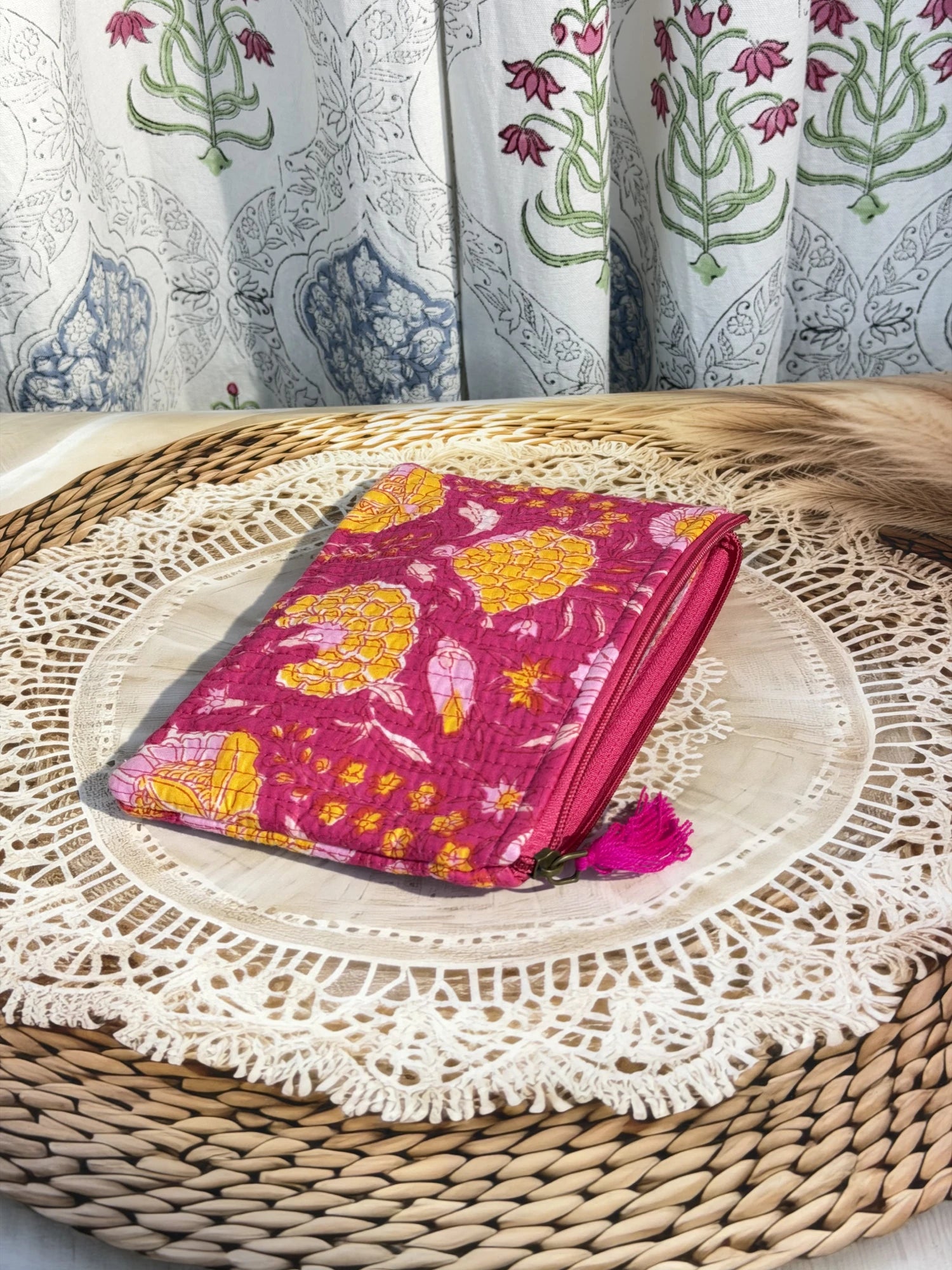 Jaipur Block Print Cotton Quilted Flat Pouch in pink floral print, medium 9 × 7 inch zip pouch for everyday use front view