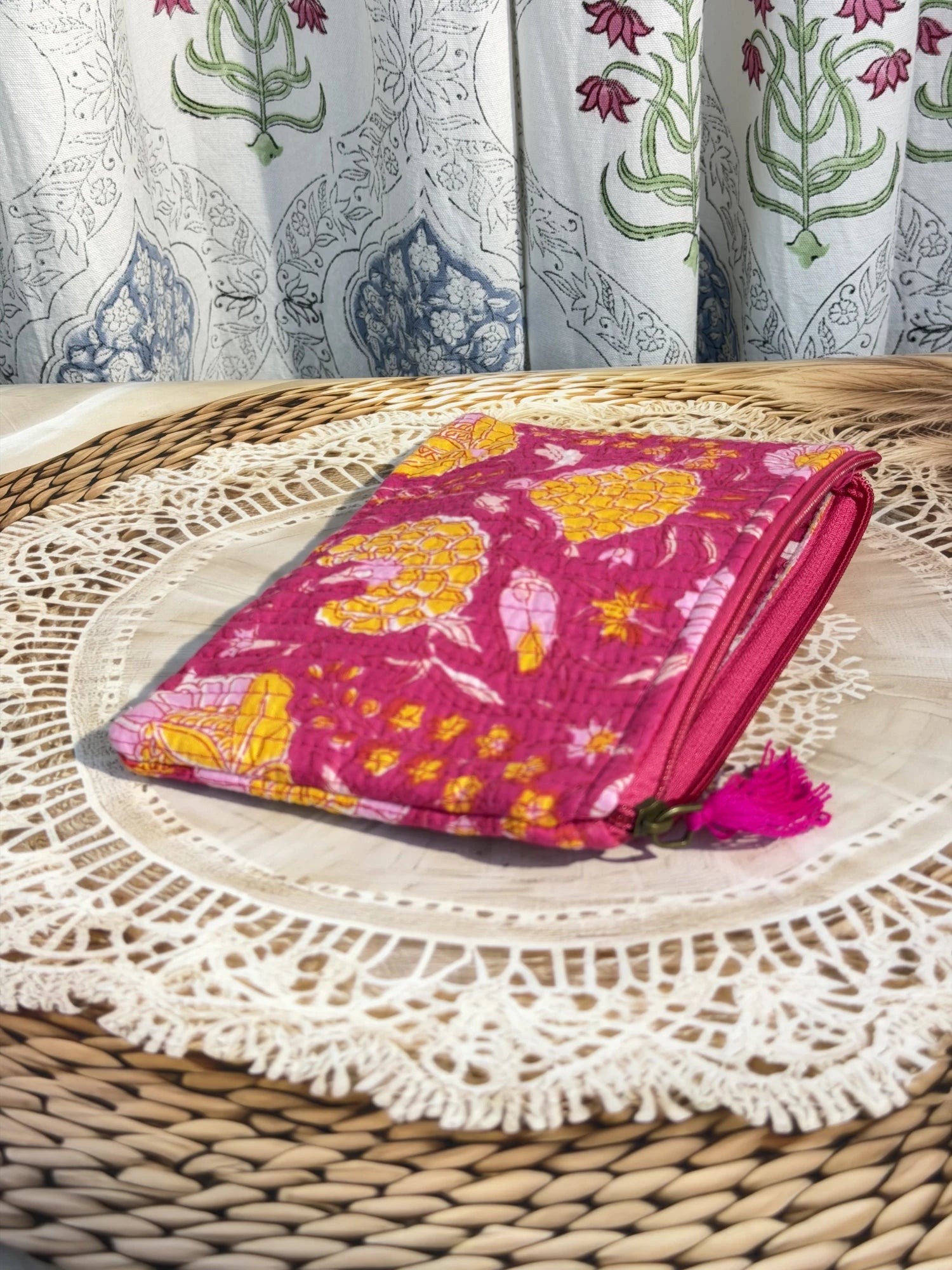 Jaipur Block Print Cotton Quilted Flat Pouch in pink floral print, medium 9 × 7 inch zip pouch for everyday use side view