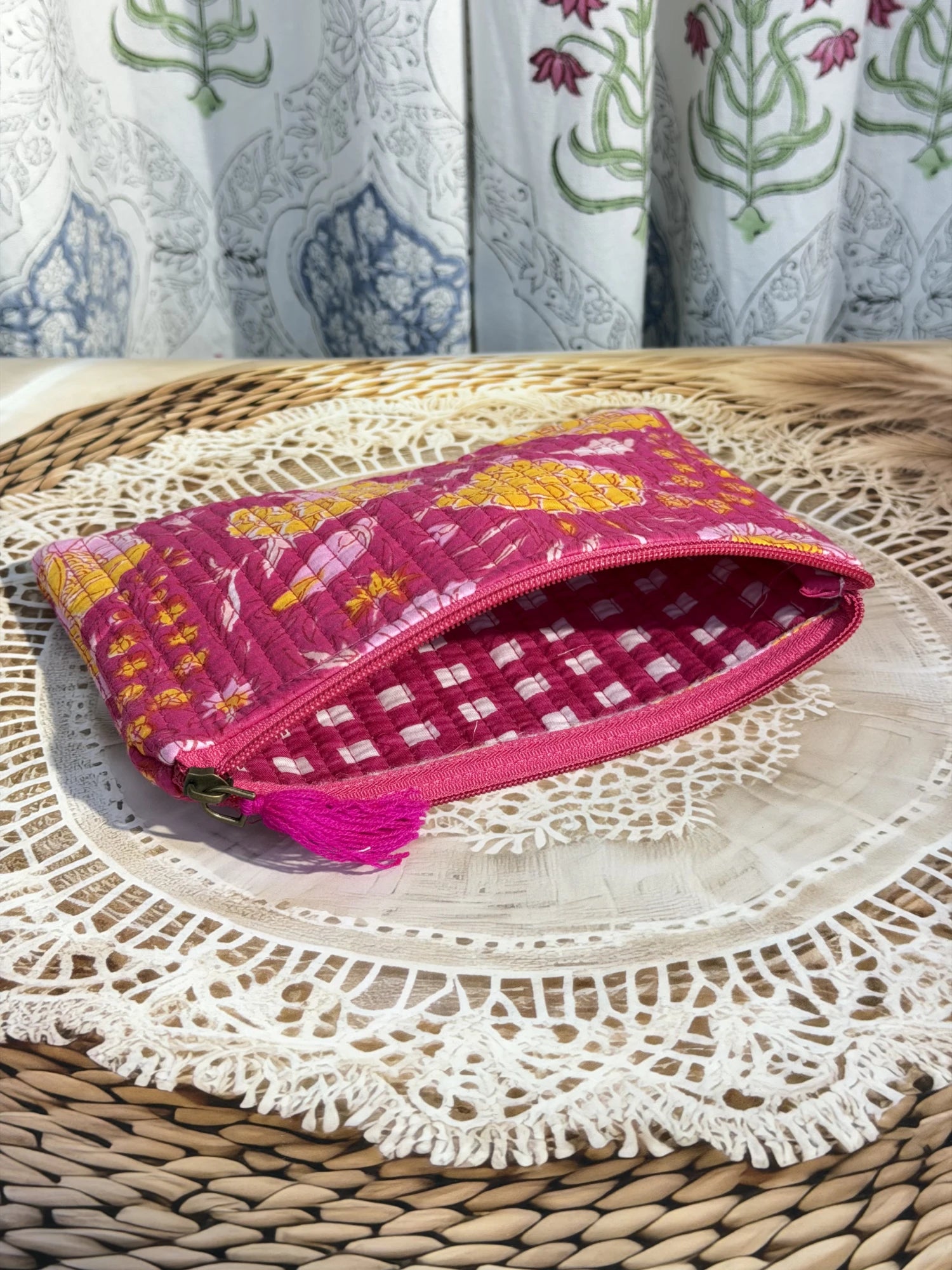 Jaipur Block Print Cotton Quilted Flat Pouch in pink floral print, medium 9 × 7 inch zip pouch for everyday use back view