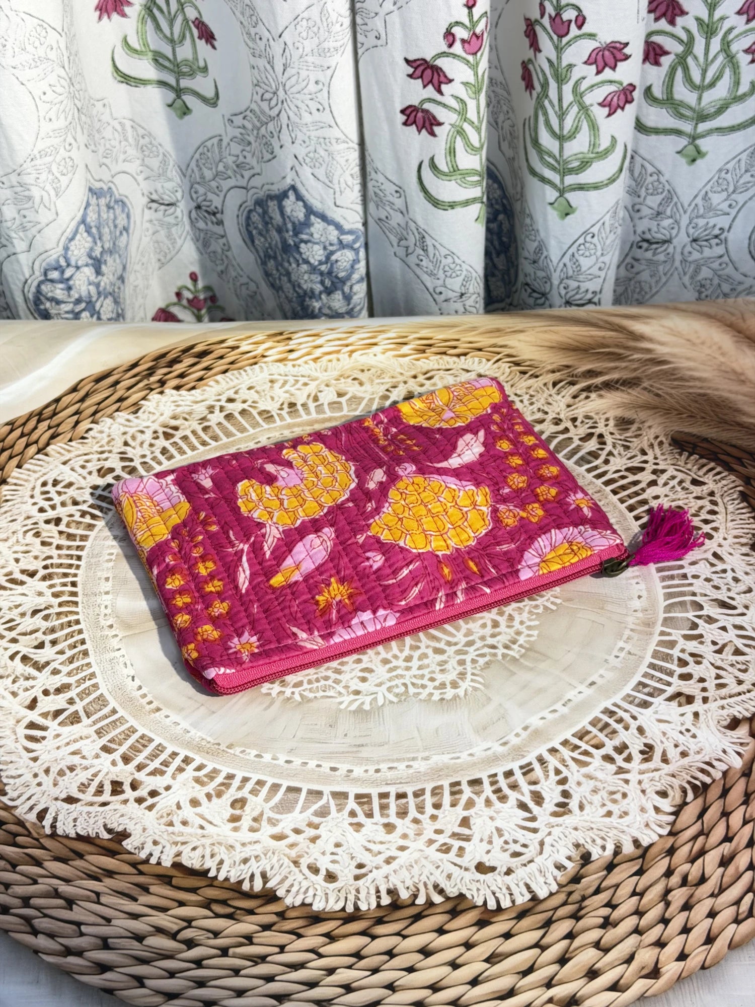 Jaipur Block Print Cotton Quilted Flat Pouch in pink floral print, medium 9 × 7 inch zip pouch for everyday use interior view