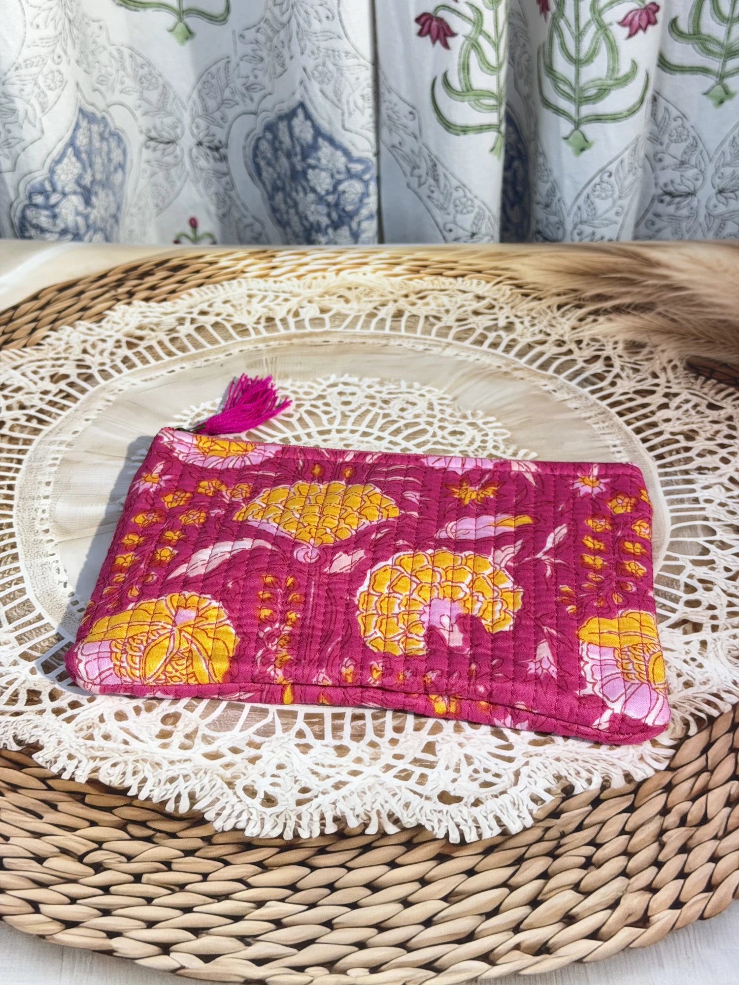 Jaipur Block Print Cotton Quilted Flat Pouch in pink floral print, medium 9 × 7 inch zip pouch for everyday use close-up view

