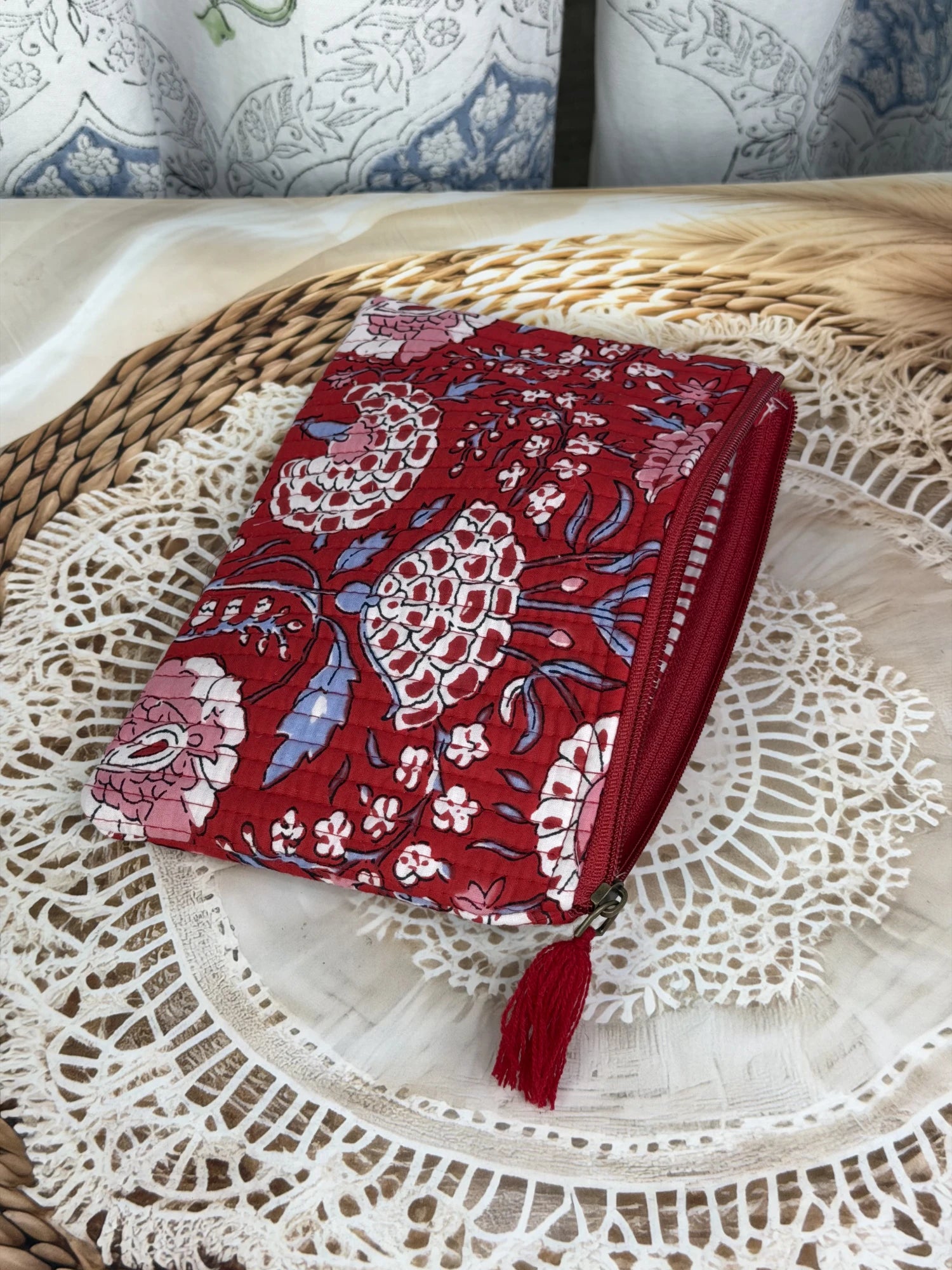 Jaipur Block Print Cotton Quilted Flat Pouch in red floral print, medium 9 × 7 inch zip pouch for everyday use front view