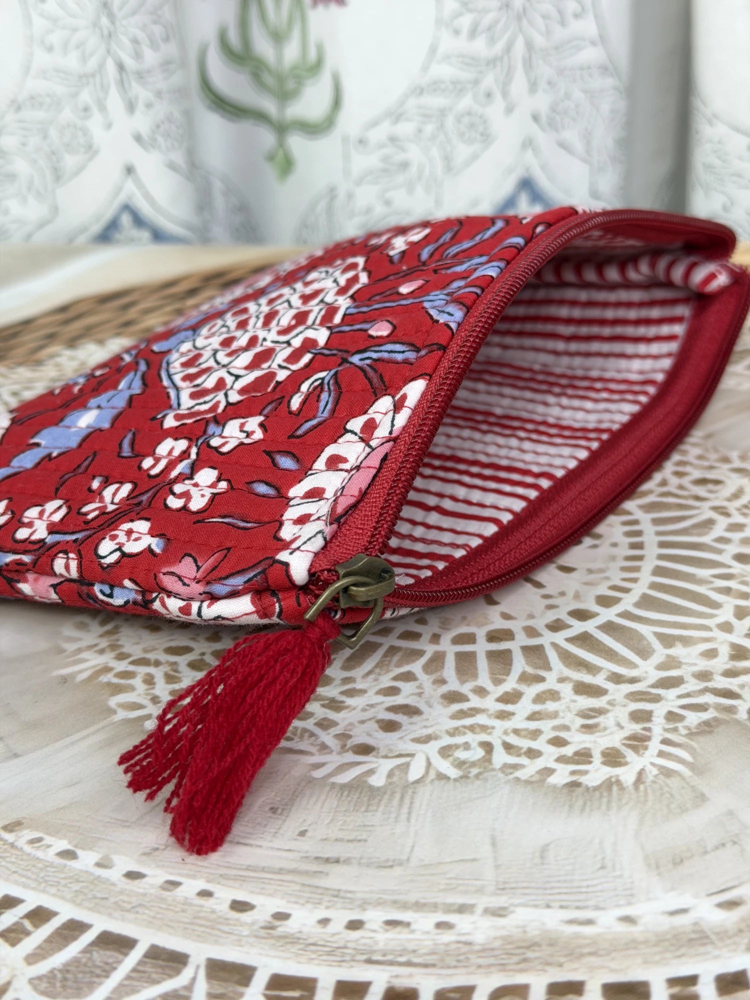Jaipur Block Print Cotton Quilted Flat Pouch in red floral print, medium 9 × 7 inch zip pouch for everyday use side view